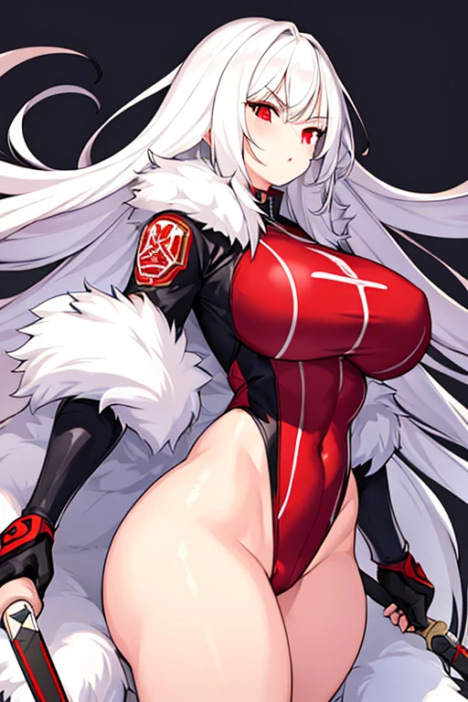 1girl, white hair, long hair, red eyes, serious, glowing eyes, large breasts, thick thighs, mature female, athletic  female, toned, leotard, black leotard, knife, fur trim, fur, fur-trimmed jacket