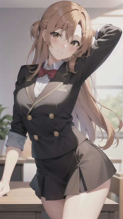 Asuna, asuna_\(Estrella\), 1 chica, (pose sexy:1.4), high resolution, original, realista, escenario, cerca_arriba, arribaper_cuerpo, sonriente, solo, pelo largo, mirando al espectador, sonrisa, golpes ,ojos detallados, hermoso fondo, manos en el pecho, pelo rubio, Brown eyes, pelo largo, de pie, (full cuerpo:1.5), en la escuela, vista de la escuela, aula, , (Blazer negro), mini falda, Zapatos negros, ropa de colegio, alumno, save section, (uniforme negro), media alta negra, media negra,
