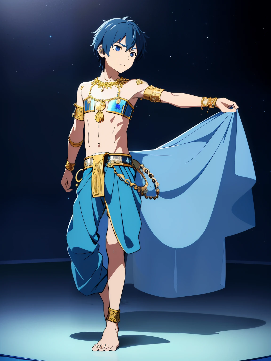 Highres, Masterpiece, Best quality at best,High-quality illustrations, 1boy, Boy, Shota, solo person, 3gypt1anb3llyD, barefoot, midriff, dancer, (Blue) belly dancer, Belly dancer, night day, Seen from front, Anime screencap style, depth field, Uhd