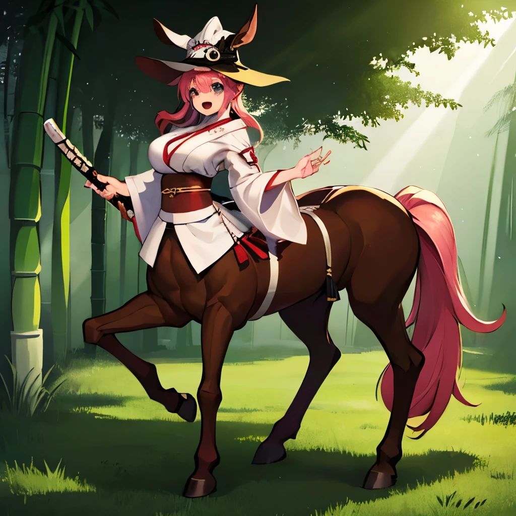 1girl, centaur, Taur, hooves, 8k, highres, best quality, samurai clothing, wallpaper, best quality, ((bamboo forest)), cute, long pink hair, blue skys, full body, samurai hat, samurai sword, volumetric lighting, deep shadows, highly detailed, detailed lighting, open mouth, happy