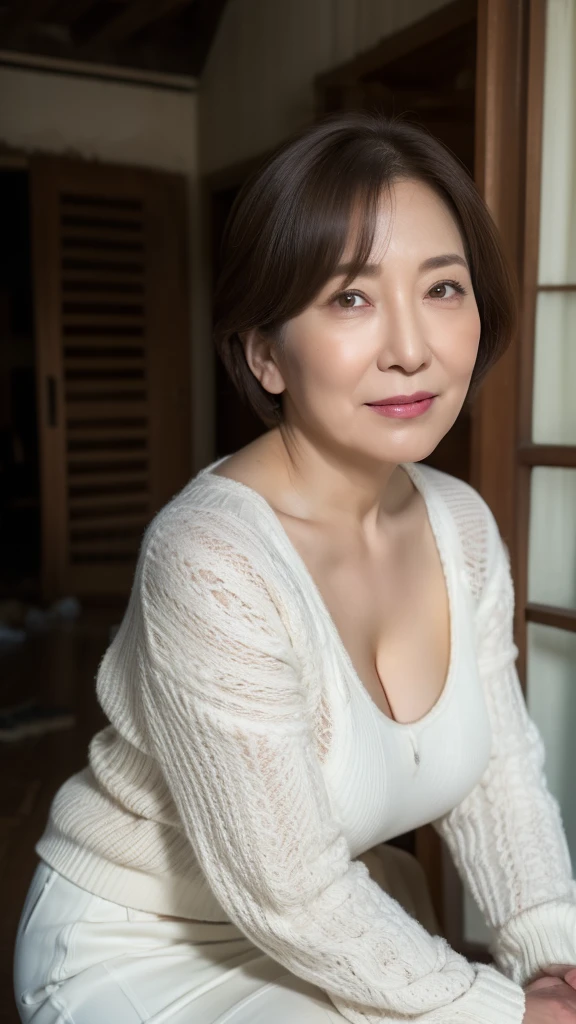 High resolution, high resolution, Attention to detail, masterpiece, Textured skin, Anatomically correct, sharp, ((Japanese Mature, 80 years old)), solo, ((Facial wrinkles)), Shapely large breasts, Straight light brown hair that reaches the shoulders, bangs,Chubby body type (((Stand upright, Facing the center of the screen.))),Looking at the photographer, Close your mouth and look ahead with a serious face, Sheer white sweater, Ultra mini skirt,Sitting,Thighs,In an abandoned house