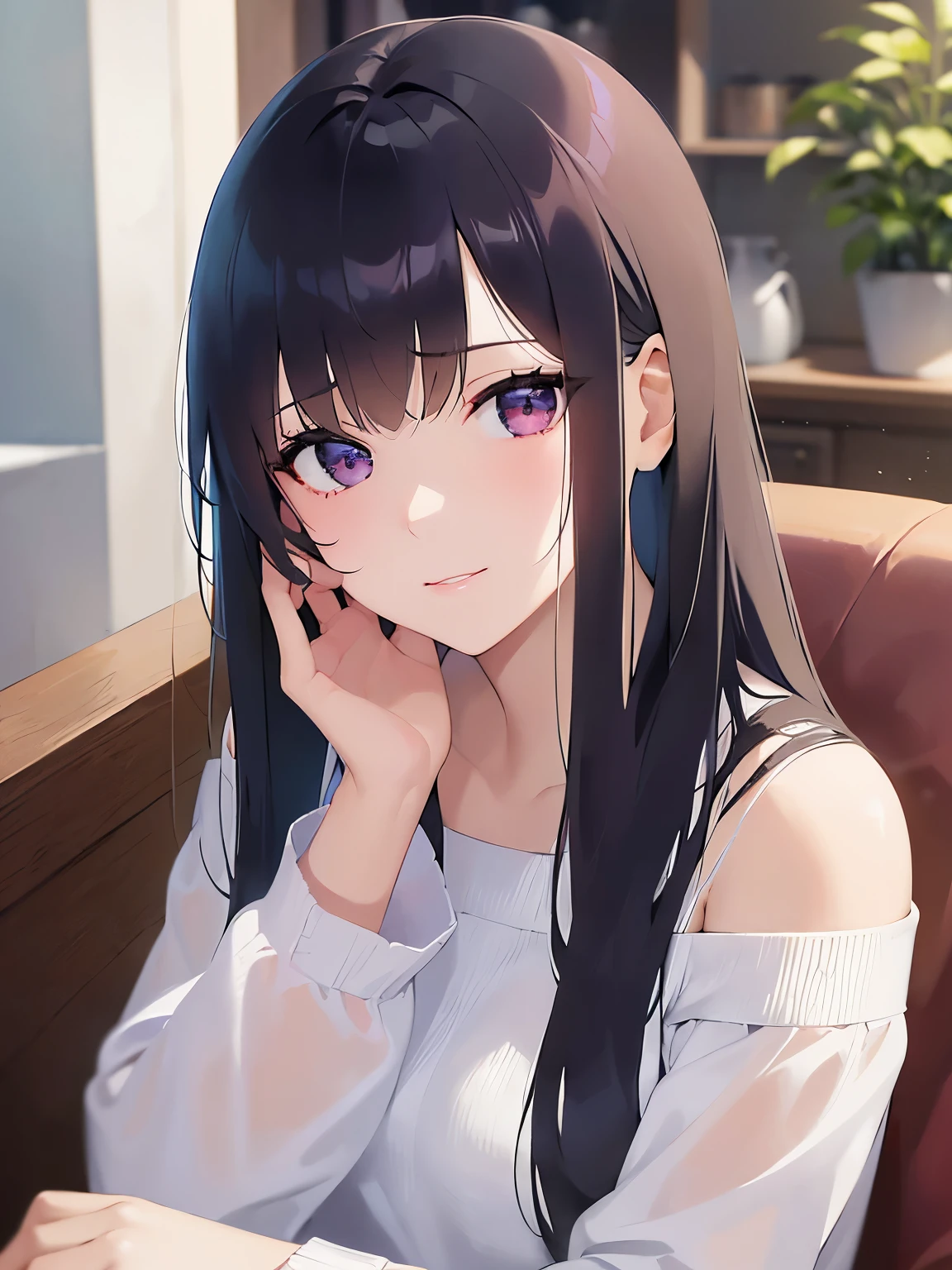 highest quality、masterpiece、looking up, Upper Body, RAW photo, photorealistic,BREAK( white off-shoulder long blouse:1.5)BREAK, Realistic, real person, (pale skin: 1.2), RAW photo, photorealistic, shiny skin, shiny hair、(A 26-year-old woman with straight hair and bangs) and (medium hair) and (black hair) and (purple eyes) ,(sad smile:1.0)and(moist eyes:1.5),clasping own hands,Biologically correct5Finger,The background is a coffee shop、sitting on a chair,Alonecinematic angle