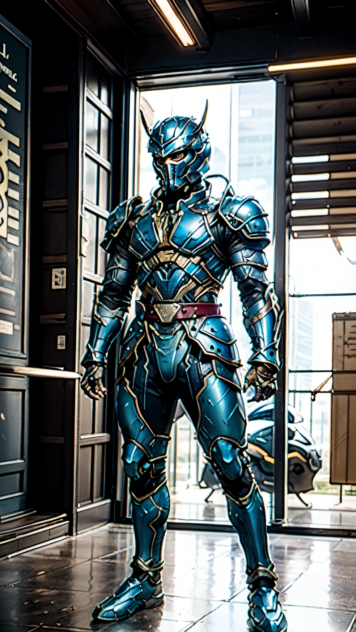 A man wearing a full-face helmet, a fantasy-style biotech armored combat suit, green eyes, (a composite layered chest armor), fully enclosed shoulder guards, matching arm and leg guards, the belt is adorned with Sunstone, (the color scheme is primarily Aquamarine with red and white accents), the design balances heavy with agility, a high-tech bio-mecha armor, (Armor Concept Inspired by Samurai, stand on the top of a skyscraper in a futuristic sci-fi city), this character embodies a finely crafted fantasy-surreal style armored hero in anime style, exquisite and mature manga art style, (battle damage, element, plasma, energy, the armor glows), ((male:1.5)), metallic, real texture material, dramatic, high definition, best quality, highres, ultra-detailed, ultra-fine painting, extremely delicate, professional, perfect body proportions, golden ratio, anatomically correct, symmetrical face, extremely detailed eyes and face, high quality eyes, creativity, RAW photo, UHD, 32k, Natural light, cinematic lighting, masterpiece-anatomy-perfect, masterpiece:1.5