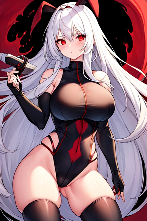 1girl, white hair, long hair, red eyes, serious, glowing eyes, large breasts, thick thighs, toned, leotard, black leotard, thighhighs, belt, knife, fur trim, fur