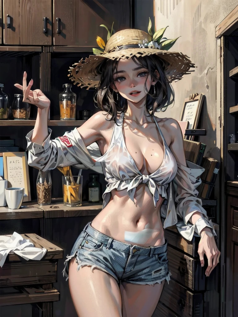 absurdres, RAW photo, extremely delicate and beautiful, masterpiece, Best Quality, ultra high resolution, 32k, hyperrealistic, ultra-detailed, perfect figure, tearful mole, earring, whole body shot, short medium hair, wavy hair, big breast, casual, blouse, white shirt, buttoned shirt, bare shoulders, collarbone, midriff, navel, shorts, straw hat,