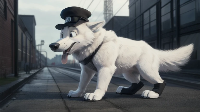 cute cartoon of a (gary \(zootopia\)) using a small black bob hat 19th century, wearing black worker uniform, solo, wolf, white fur, tongue out, full body image, , marching on all fours, BREAK, industrial factory with dark green polluted sky background, (intricate, high detail, film photography, soft focus, RAW candid cinema, photorealism, realistic, photorealistic, analog style, subsurface scattering, masterpiece, best quality, ultra realistic, 8k), profile picture