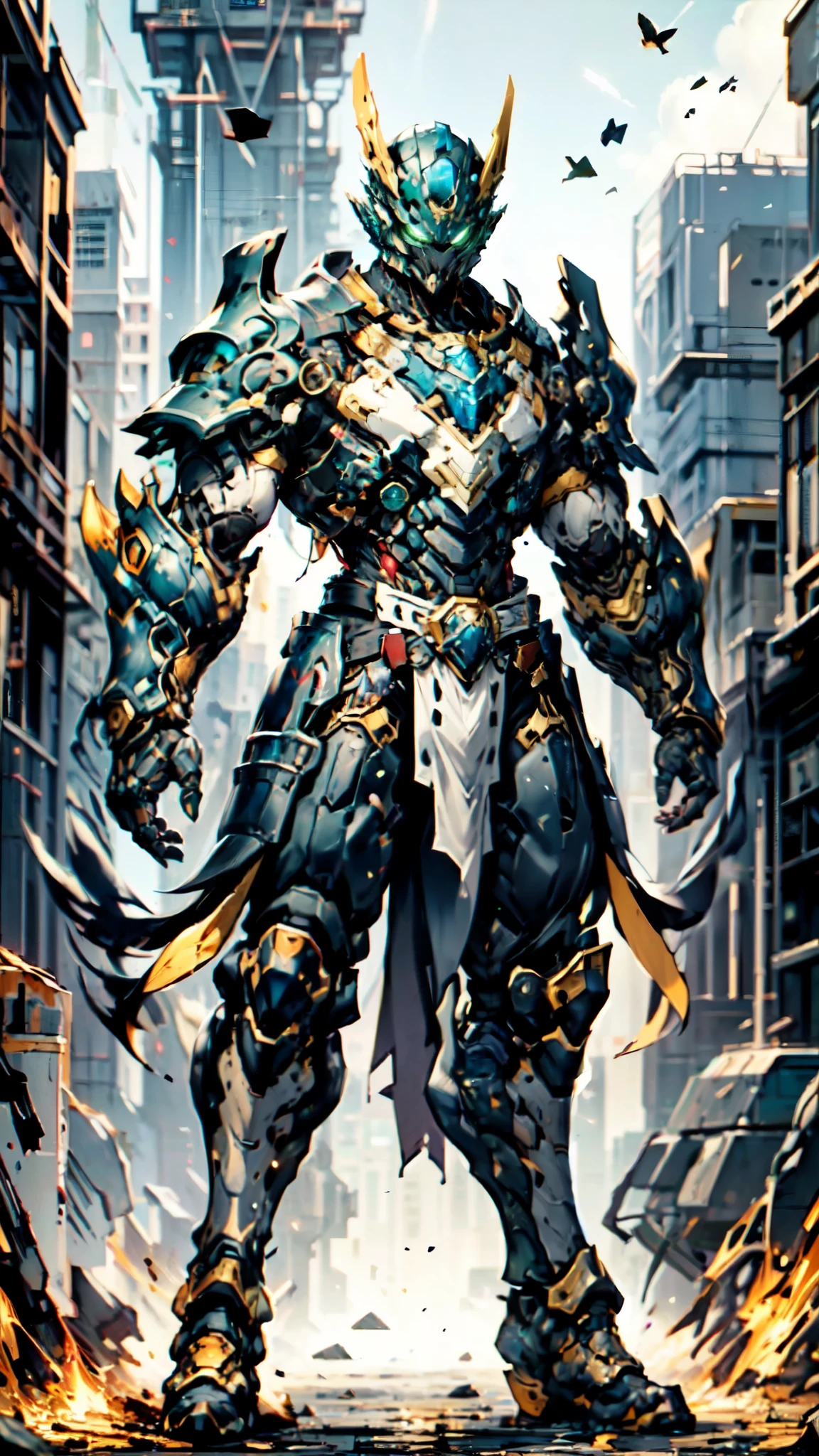 A man wearing a full-face helmet, a fantasy-style biotech armored combat suit, green eyes, (a composite layered chest armor), fully enclosed shoulder guards, matching arm and leg guards, the belt is adorned with Sunstone, (the color scheme is primarily Aquamarine with red and white accents), the design balances heavy with agility, a high-tech bio-mecha armor, (Armor Concept Inspired by Samurai, stand on the top of a skyscraper in a futuristic sci-fi city), this character embodies a finely crafted fantasy-surreal style armored hero in anime style, exquisite and mature manga art style, (battle damage, element, plasma, energy, the armor glows), ((male:1.5)), metallic, real texture material, dramatic, high definition, best quality, highres, ultra-detailed, ultra-fine painting, extremely delicate, professional, perfect body proportions, golden ratio, anatomically correct, symmetrical face, extremely detailed eyes and face, high quality eyes, creativity, RAW photo, UHD, 32k, Natural light, cinematic lighting, masterpiece-anatomy-perfect, masterpiece:1.5