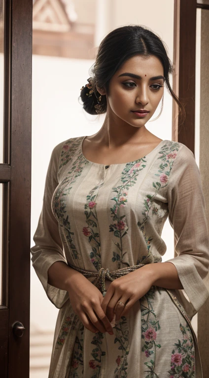 ultra-realistic photographs,Indian Instagram female model,mid 20s,9:16,mid-shot,beautiful detailed eyes,detailed lips,longeyelashes,black bun hair, naturally full eyebrows,perfectly formed nose,expressive face,attractive appearance,confident and elegant posture,graceful movement,vibrant and colorful kurta dress, floral patterns, temple background, serene atmosphere,stunning architecture,soft and natural lighting,vivid colors,photorealistic,HDR,highres,studio lighting,ultra-detailed,bokeh,fully covered clothes