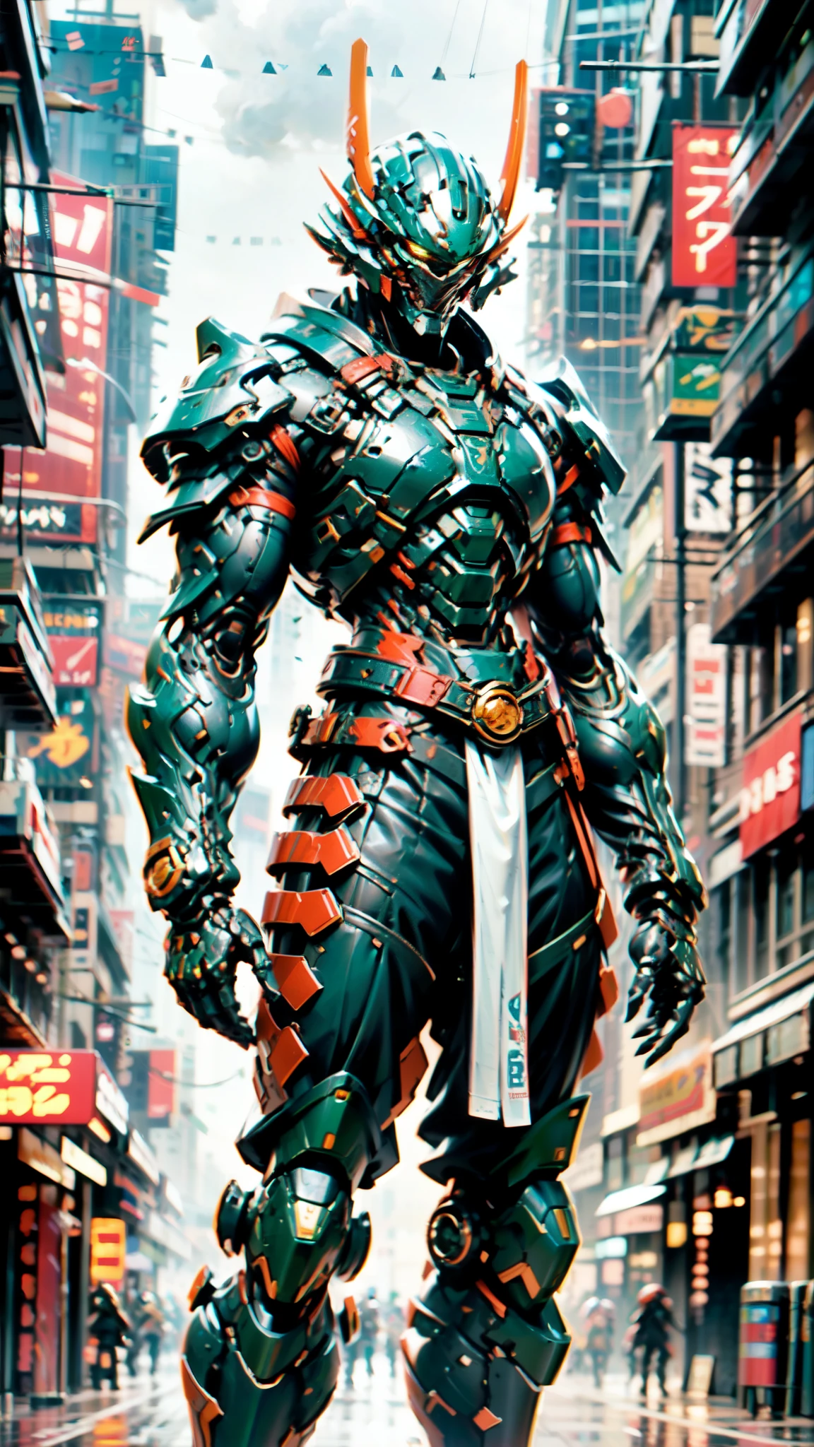 A man wearing a full-face helmet, a fantasy-style biotech armored combat suit, green eyes, (a composite layered chest armor), fully enclosed shoulder guards, matching arm and leg guards, the belt is adorned with Sunstone, (the color scheme is primarily Aquamarine with red and white accents), the design balances heavy with agility, a high-tech bio-mecha armor, (Armor Concept Inspired by Samurai, stand on the top of a skyscraper in a futuristic sci-fi city), this character embodies a finely crafted fantasy-surreal style armored hero in anime style, exquisite and mature manga art style, (battle damage, element, plasma, energy, the armor glows), ((male:1.5)), metallic, real texture material, dramatic, high definition, best quality, highres, ultra-detailed, ultra-fine painting, extremely delicate, professional, perfect body proportions, golden ratio, anatomically correct, symmetrical face, extremely detailed eyes and face, high quality eyes, creativity, RAW photo, UHD, 32k, Natural light, cinematic lighting, masterpiece-anatomy-perfect, masterpiece:1.5