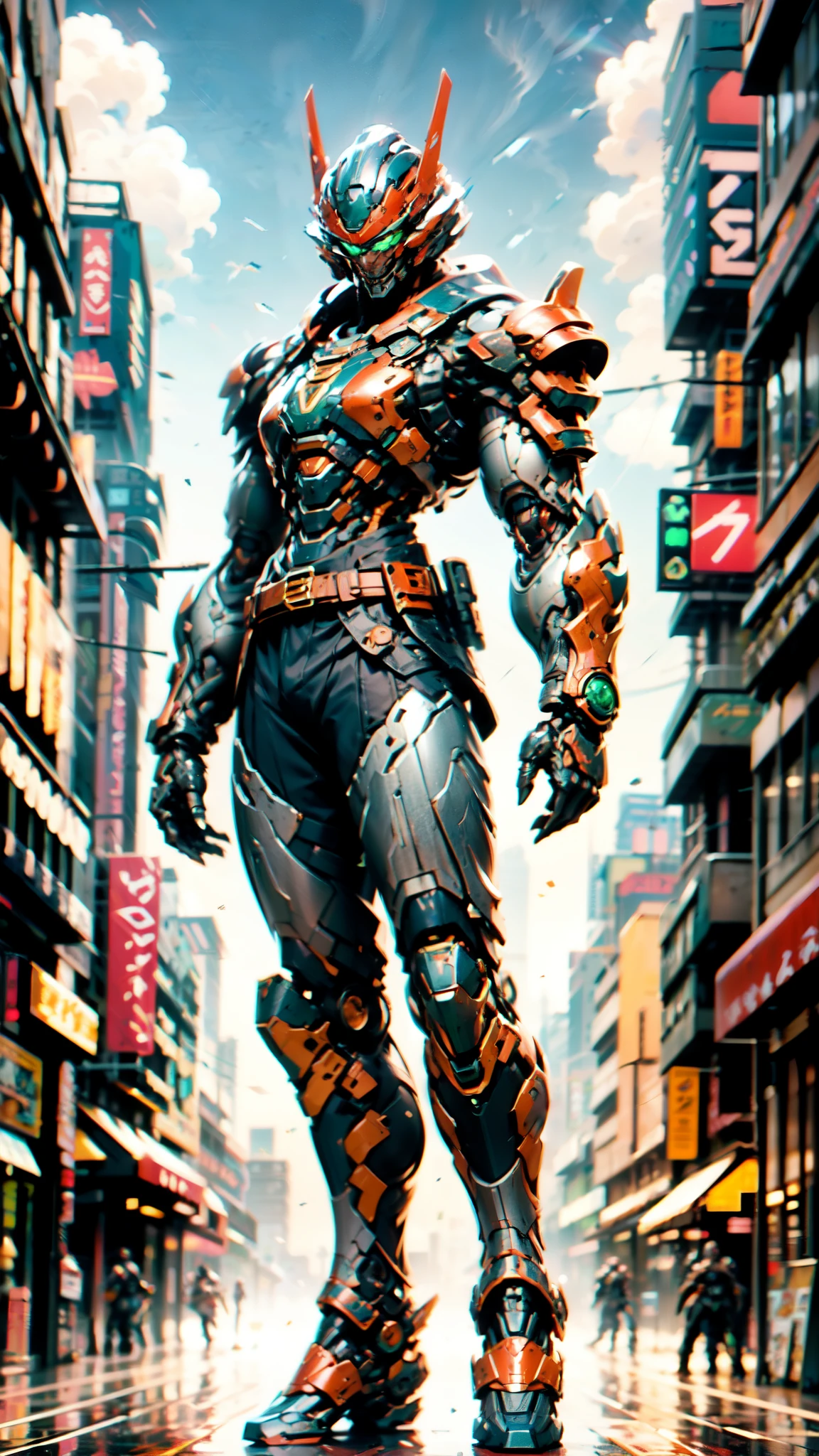 A man wearing a full-face helmet, a fantasy-style biotech armored combat suit, green eyes, (a composite layered chest armor), fully enclosed shoulder guards, matching arm and leg guards, the belt is adorned with Sunstone, (the color scheme is primarily Aquamarine with red and white accents), the design balances heavy with agility, a high-tech bio-mecha armor, (Armor Concept Inspired by Samurai, stand on the top of a skyscraper in a futuristic sci-fi city), this character embodies a finely crafted fantasy-surreal style armored hero in anime style, exquisite and mature manga art style, (battle damage, element, plasma, energy, the armor glows), ((male:1.5)), metallic, real texture material, dramatic, high definition, best quality, highres, ultra-detailed, ultra-fine painting, extremely delicate, professional, perfect body proportions, golden ratio, anatomically correct, symmetrical face, extremely detailed eyes and face, high quality eyes, creativity, RAW photo, UHD, 32k, Natural light, cinematic lighting, masterpiece-anatomy-perfect, masterpiece:1.5