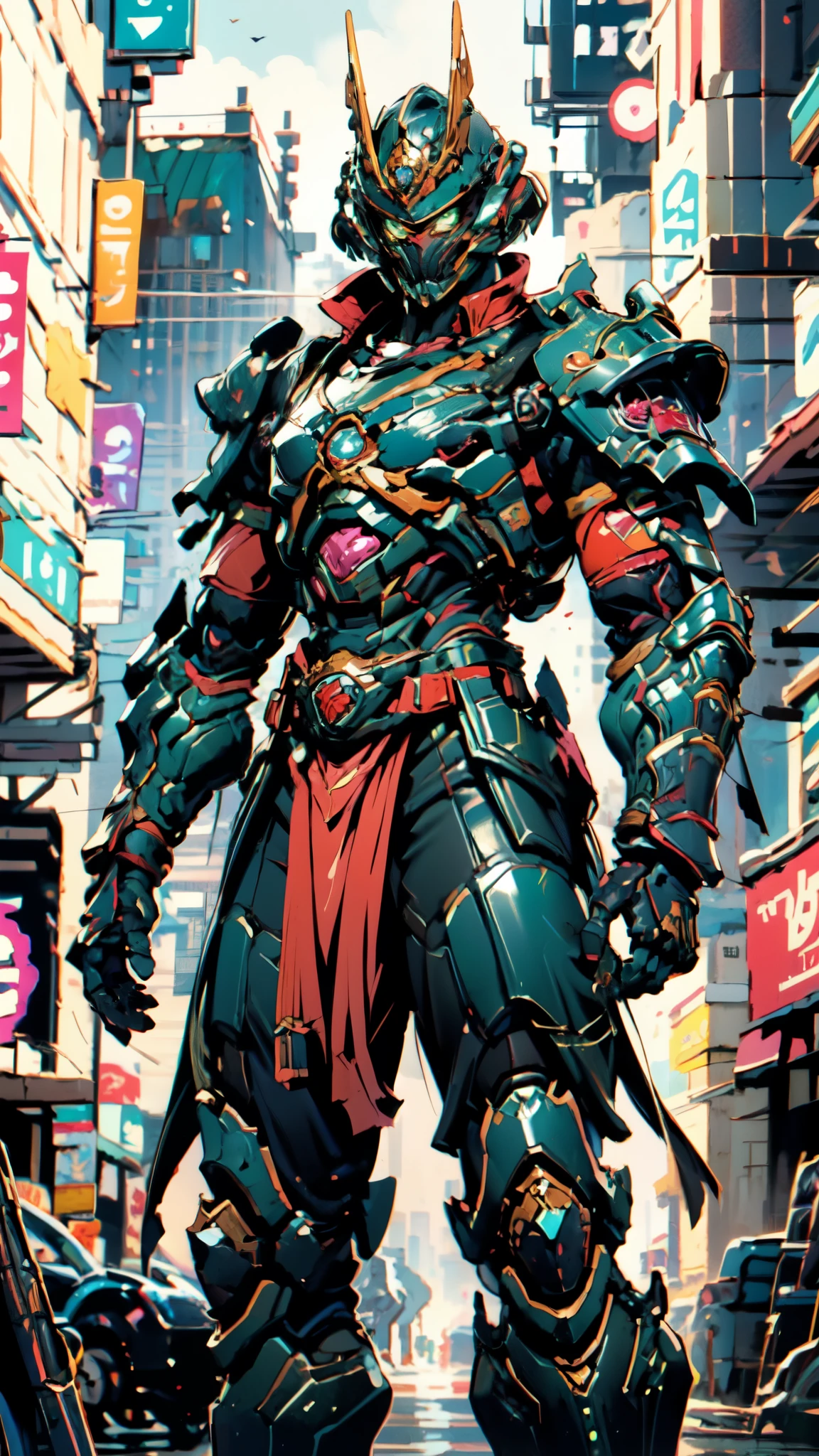 A man wearing a full-face helmet, a fantasy-style biotech armored combat suit, green eyes, (a composite layered chest armor), fully enclosed shoulder guards, matching arm and leg guards, the belt is adorned with Sunstone, (the color scheme is primarily Aquamarine with red and white accents), the design balances heavy with agility, a high-tech bio-mecha armor, (Armor Concept Inspired by Samurai, stand on the top of a skyscraper in a futuristic sci-fi city), this character embodies a finely crafted fantasy-surreal style armored hero in anime style, exquisite and mature manga art style, (battle damage, element, plasma, energy, the armor glows), ((male:1.5)), metallic, real texture material, dramatic, high definition, best quality, highres, ultra-detailed, ultra-fine painting, extremely delicate, professional, perfect body proportions, golden ratio, anatomically correct, symmetrical face, extremely detailed eyes and face, high quality eyes, creativity, RAW photo, UHD, 32k, Natural light, cinematic lighting, masterpiece-anatomy-perfect, masterpiece:1.5