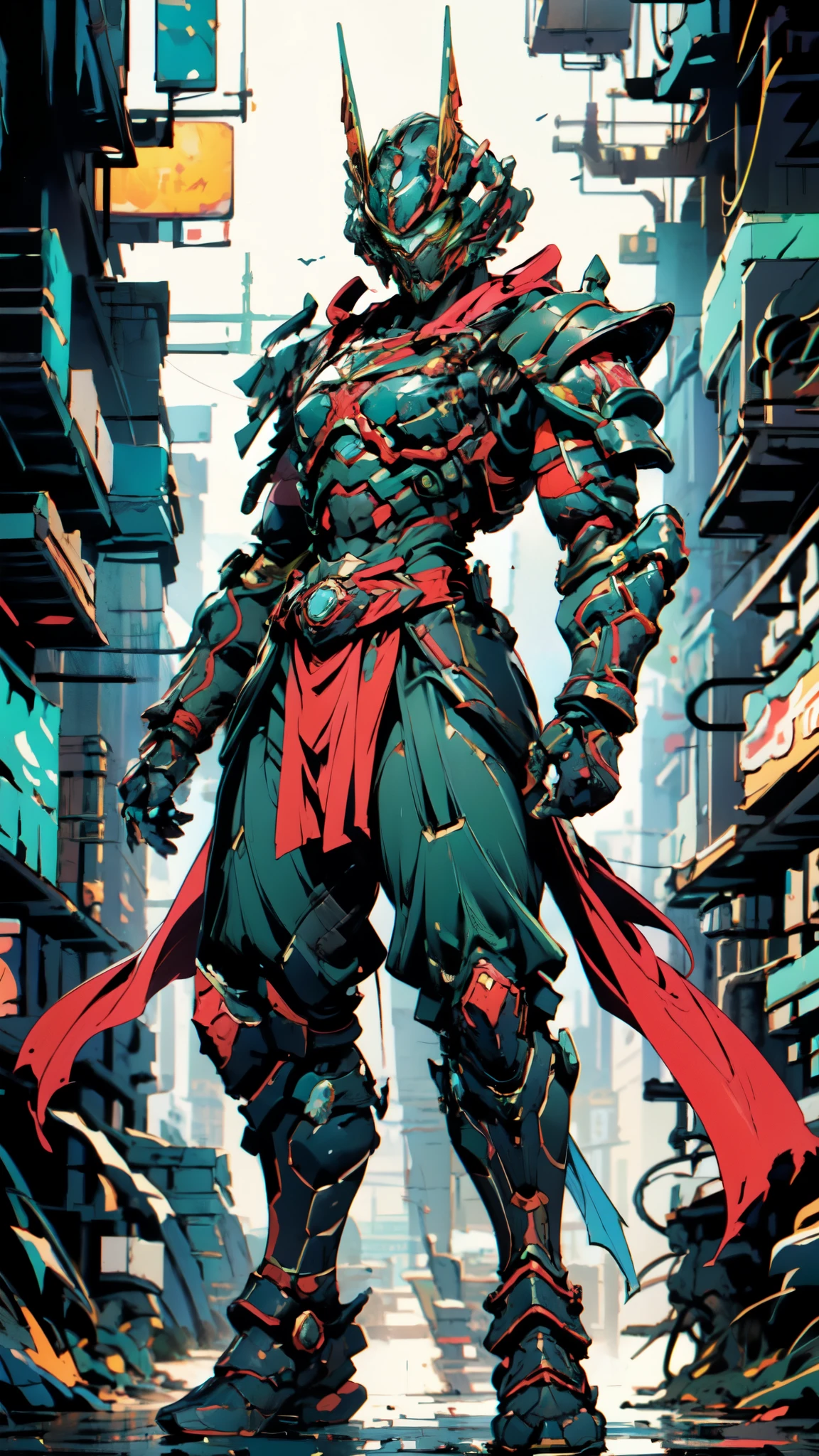 A man wearing a full-face helmet, a fantasy-style biotech armored combat suit, green eyes, (a composite layered chest armor), fully enclosed shoulder guards, matching arm and leg guards, the belt is adorned with Sunstone, (the color scheme is primarily Aquamarine with red and white accents), the design balances heavy with agility, a high-tech bio-mecha armor, (Armor Concept Inspired by Samurai, stand on the top of a skyscraper in a futuristic sci-fi city), this character embodies a finely crafted fantasy-surreal style armored hero in anime style, exquisite and mature manga art style, (battle damage, element, plasma, energy, the armor glows), ((male:1.5)), metallic, real texture material, dramatic, high definition, best quality, highres, ultra-detailed, ultra-fine painting, extremely delicate, professional, perfect body proportions, golden ratio, anatomically correct, symmetrical face, extremely detailed eyes and face, high quality eyes, creativity, RAW photo, UHD, 32k, Natural light, cinematic lighting, masterpiece-anatomy-perfect, masterpiece:1.5