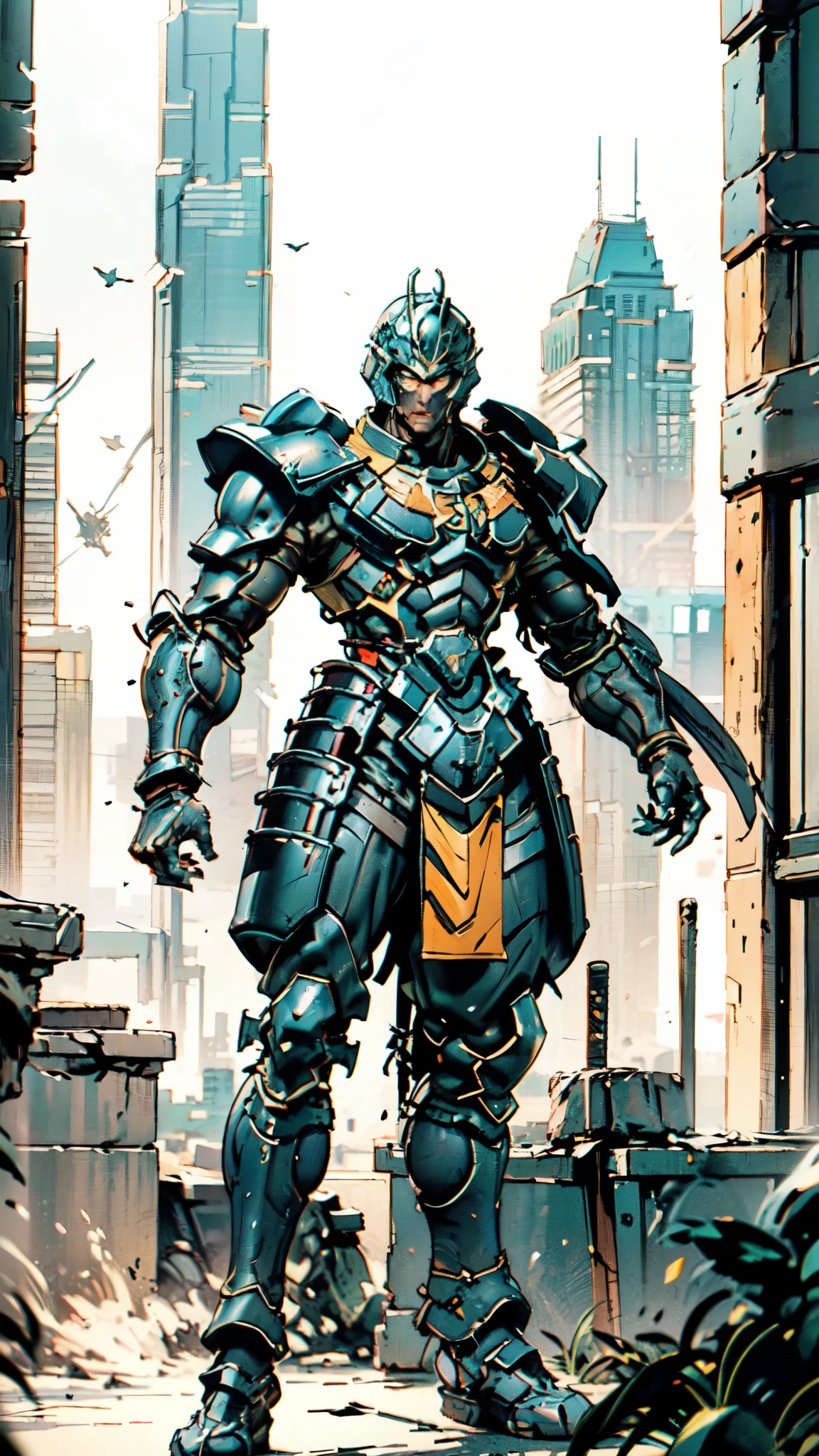 A man wearing a full-face helmet, a fantasy-style biotech armored combat suit, green eyes, (a composite layered chest armor), fully enclosed shoulder guards, matching arm and leg guards, the belt is adorned with Sunstone, (the color scheme is primarily Aquamarine with red and white accents), the design balances heavy with agility, a high-tech bio-mecha armor, (Armor Concept Inspired by Samurai, stand on the top of a skyscraper in a futuristic sci-fi city), this character embodies a finely crafted fantasy-surreal style armored hero in anime style, exquisite and mature manga art style, (battle damage, element, plasma, energy, the armor glows), ((male:1.5)), metallic, real texture material, dramatic, high definition, best quality, highres, ultra-detailed, ultra-fine painting, extremely delicate, professional, perfect body proportions, golden ratio, anatomically correct, symmetrical face, extremely detailed eyes and face, high quality eyes, creativity, RAW photo, UHD, 32k, Natural light, cinematic lighting, masterpiece-anatomy-perfect, masterpiece:1.5