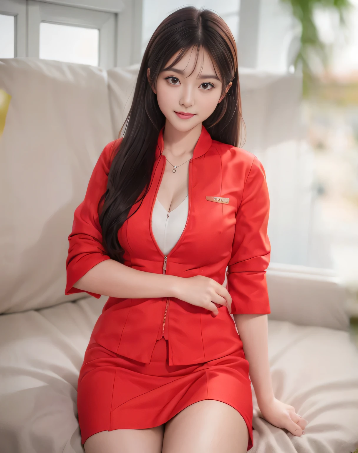 (masterpiece:1.2, highest quality:1.2), 32K HDR, High resolution, (alone、1 girl)、（On the roof of a high-rise building、Professional Lighting）、Skyscraper Background、Beautiful city view、（Realistic style with AirAsia flight attendant uniforms）、（AirAsia uniform unzipped red jacket、AirAsia uniform long sleeve red jacket、AirAsia uniform red mini tight skirt、AirAsia uniform white shirt unbuttoned）、（AirAsia uniform shirt cleavage reveals big boobs）、Dark brown hair、ponytail、Red rubber band、（Long hair that reaches down to the legs、Tie your hair behind your head、Her tied-up long hair flutters in the wind）、A strong wind is blowing、Long Shot、（（Fine hand：2.0）），（（Harmonious body proportions：1.5）），（（Normal limbs：2.0）），（（Normal finger：2.0）），（（Delicate eyes：2.0）），（（Normal eyes：2.0））)、Luxury Necklace、Beautiful appearance