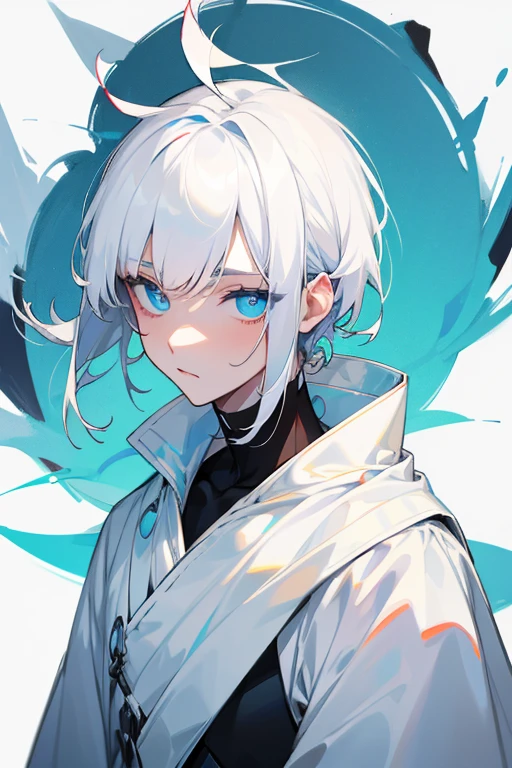 Young male whith messy white nape lengrth hair with bangs that just pass his eyebrows. Ice blue eyes with white pupils. White eyelashes. Pale white skin. 