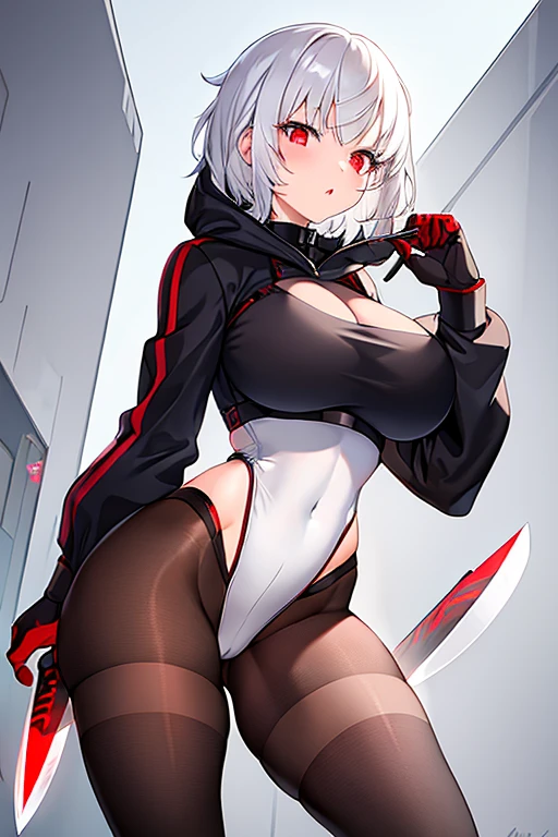 1girl, white hair, very short hair, red eyes, serious, glowing eyes, large breasts, thick thighs, athletic female, toned, leotard, black leotard, thighhighs, belt, knife, knifes, pantyhose, black pantyhose, hood, hood up, hood on, black hood,