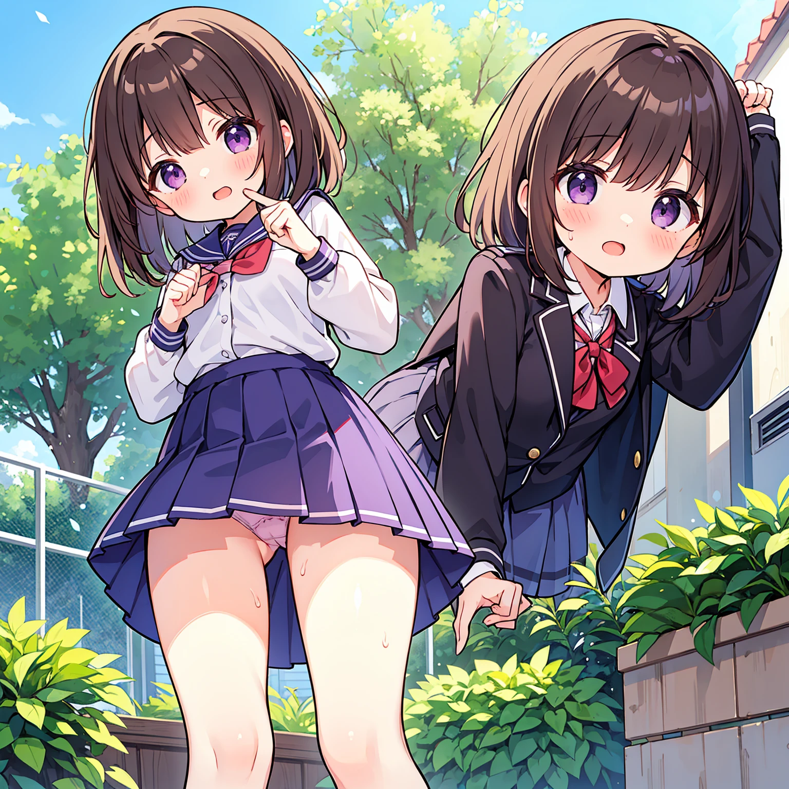 masterpiece,best quality,ultra detail, girl, short brown hair, purple eyes, short skirt, panties in sightsailor uniform,school garden, open mouth, shy, blush, detailed hands, detailed fingers, viewer's view from below, (chibi:0.6), (chibi breast:0.6), very detailed hands, without errors, sweaty thighs