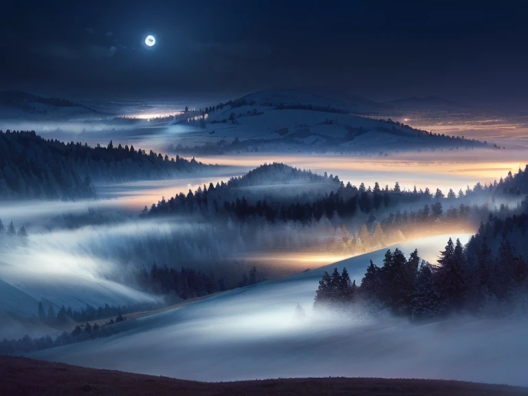 remote uninhabited natural landscape at midnight, lush hill, (midnight), (night time lighting), heavy fog rolling down the hillside, 