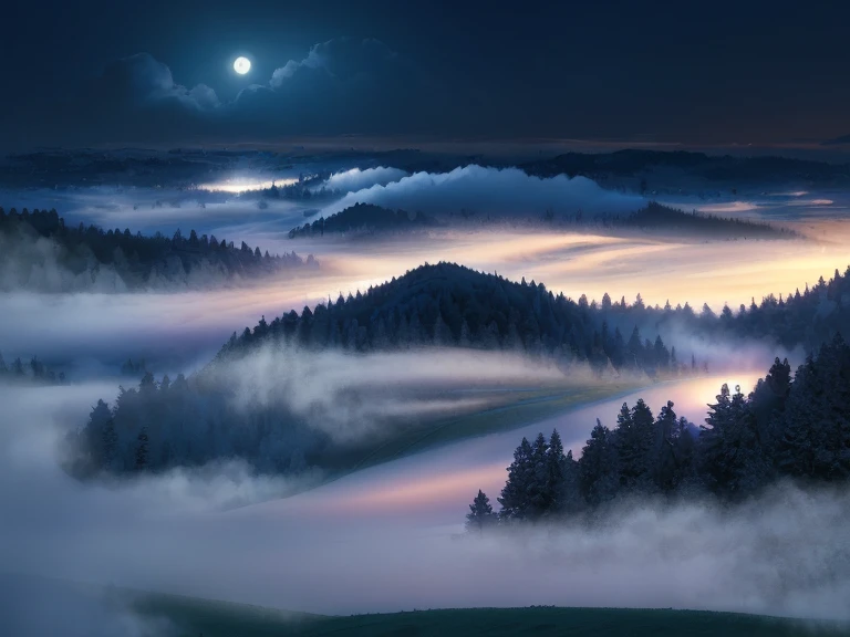 remote uninhabited natural landscape at midnight, lush hill, (midnight), (night time lighting), heavy fog rolling down the hillside,