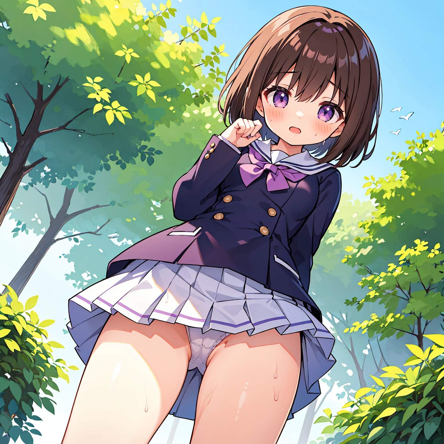 masterpiece,best quality,ultra detail, girl, short brown hair, purple eyes, short skirt, panties in sightsailor uniform,school garden, open mouth, shy, blush, detailed hands, detailed fingers, viewer's view from below, (chibi:0.6), (chibi breast:0.6), very detailed hands, without errors, sweaty thighs