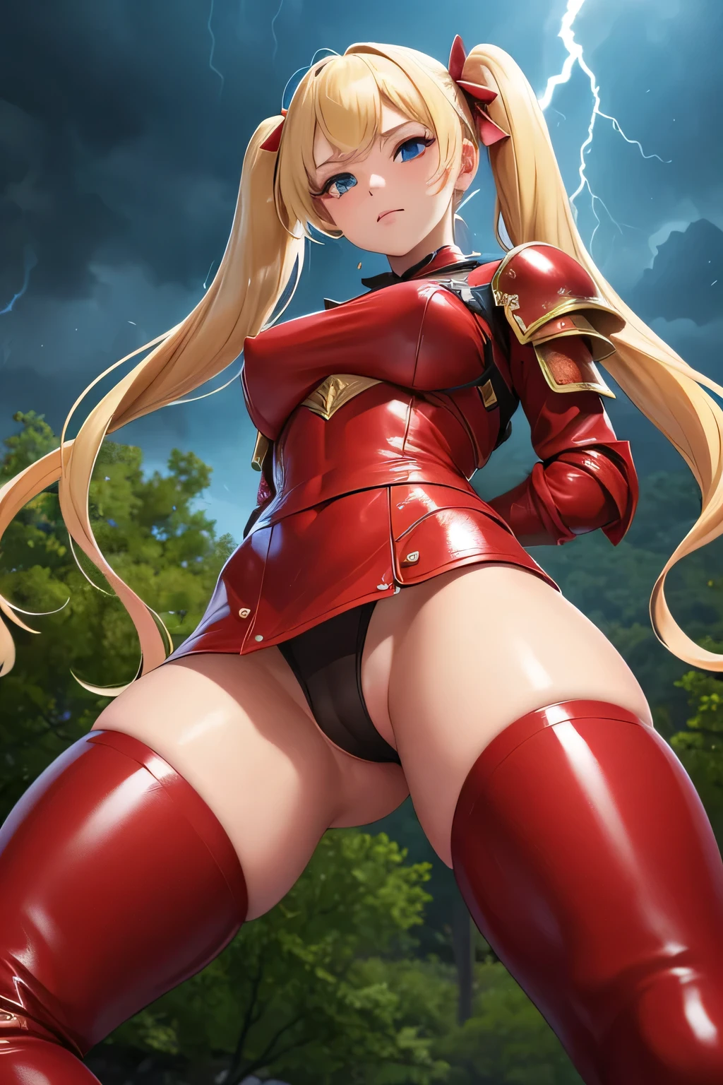 nsfw, 8k, Delicate image quality, best quality, (((blond twintails))),red leather armour, panty hose, Beautiful girl, masterpiece, best quality, ultra detailed, Photo taken from below, outdoors, storm, lightning, leg spread,