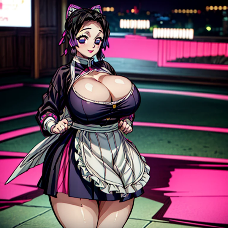 waitress, 1 girl, smile, thick eyelashes, beautiful face, high quality, all detailed, high quality, kimetsu no yaiba style, curvy, wide hips, thick thighs, ((retro waitress uniforms)), ((retro waitress skirt with apron)), ((cleavage))), looking at viewer, ( nightclub background )),night environment, pink LED lights adorning the place, (((masterpiece))), (((highest quality))), (((ultra detailed))), (((ultra high res))), (((16K))), (((perfect anatomy))), (((intricate detail))),held a tray with drinks, huge breasts, eft_shinobu