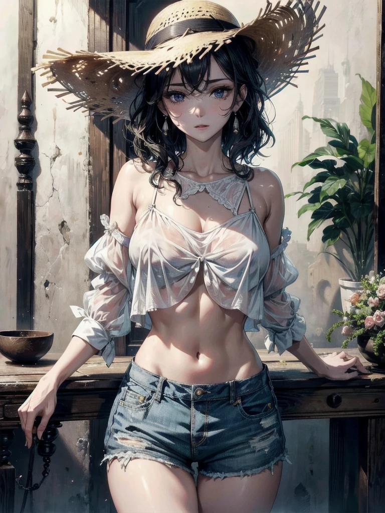 absurdres, RAW photo, extremely delicate and beautiful, masterpiece, Best Quality, ultra high resolution, 32k, hyperrealistic, ultra-detailed, perfect figure, tearful mole, earring, whole body shot, short medium hair, wavy hair, big breast, casual, blouse, white shirt, buttoned shirt, bare shoulders, collarbone, midriff, navel, shorts, straw hat,
