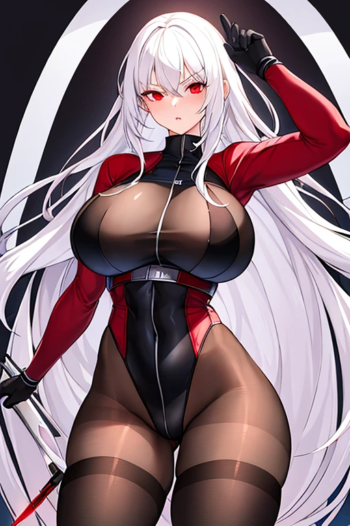 1girl, white hair, long hair, red eyes, serious, glowing eyes, large breasts, thick thighs, mature female, athletic  female, toned, leotard, black leotard, thighhighs, belt, knife, knifes, pantyhose, black pantyhose