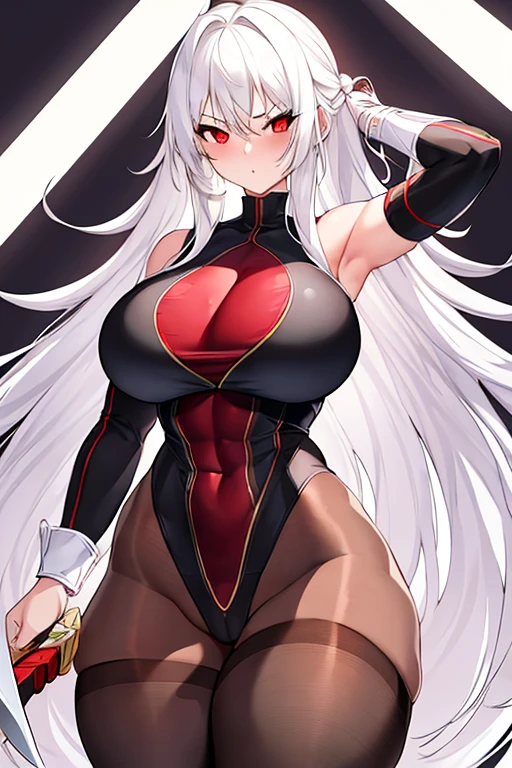 1girl, white hair, long hair, red eyes, serious, glowing eyes, large breasts, thick thighs, mature female, athletic  female, toned, leotard, black leotard, thighhighs, belt, knife, knifes, pantyhose, black pantyhose