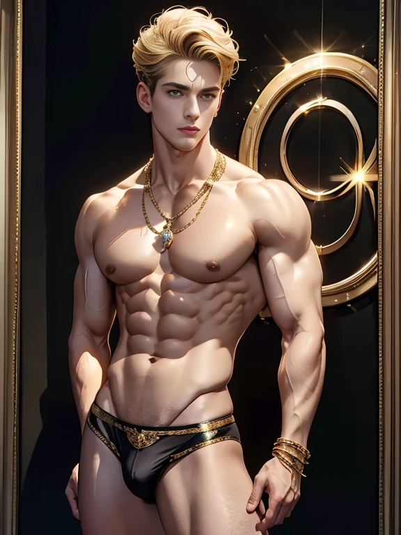 High Art - Portrait of Apollo, god of love and beauty. ! His beauty is incredible . body structure - perfection ! Handsome young man . . only thong . perfect chest muscles and big nipplhe chest . Emerald eyes . blonde hair ,on the neck there is a gold chain with a sparkling pendant and on the hand there is a sparkling bracelet. In the Golden Palace ! A photographic portrait of Apollo at his best ! top quality. Full body, muscular and slim, leaning against the wall, with bracelet and wearing shoes, 