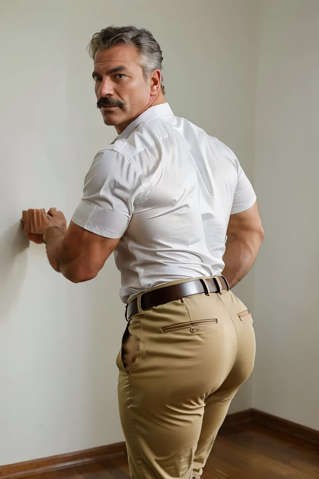 age 60, white man police detective with a mature, backside, kind demeanor, strong and muscular yet chubby build, mustache, wearing dress pants and a buttoned-open translucent shirt that reveals a hairy chest and a noticeable bulge, wearing detective badge on belt, giving off a hint of a horny yet disgusting aura, completing the look with comfortable loafers. Shirtless backside ((big butt)) gold trouser backside (bent over)