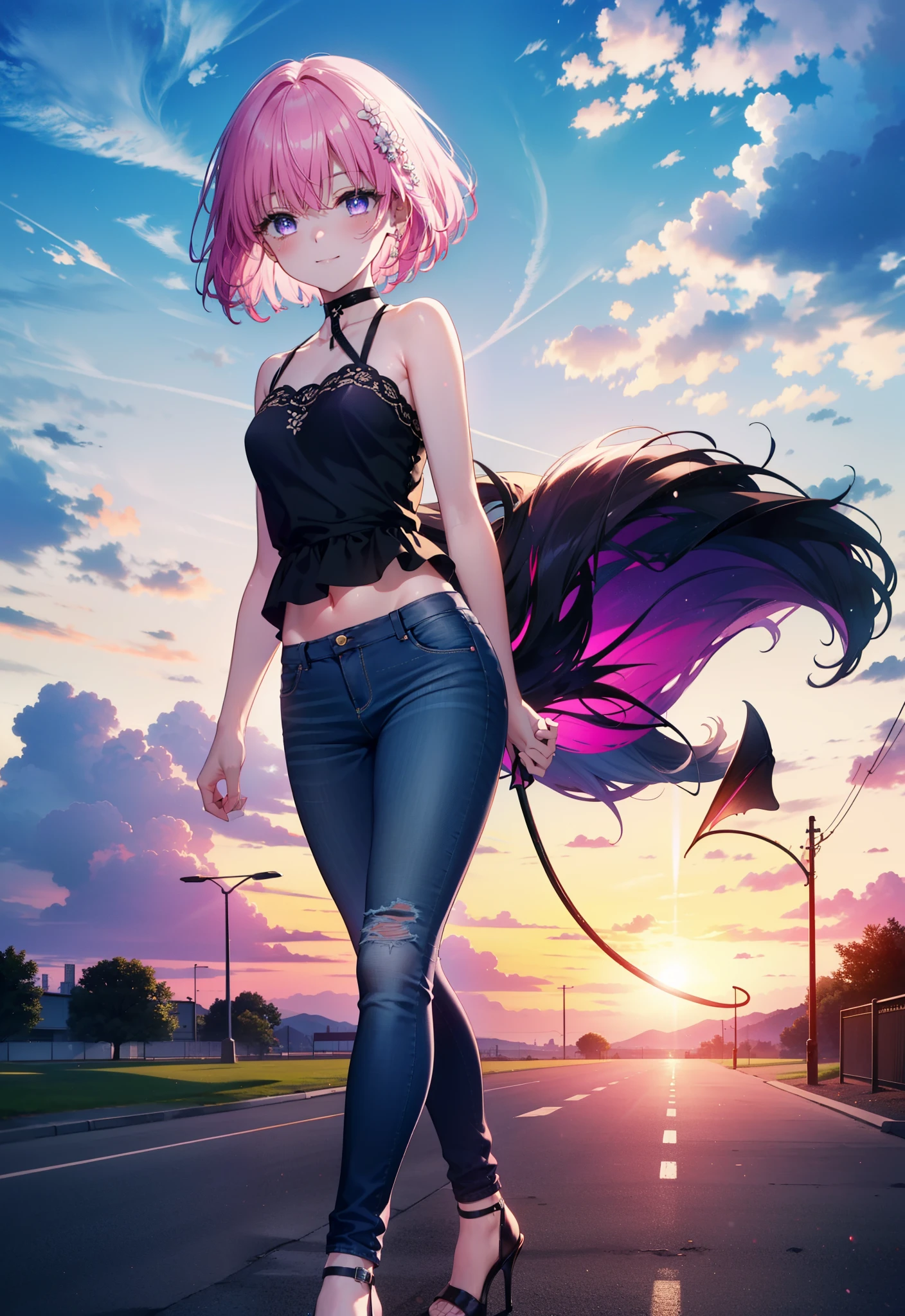 Momodebilke, A type of Deviluke, demon tail, Hair Flowers, hair ornaments, (Purple eyes:1.1), Pink Hair, short hair, tail, smile,
break demon tail, Cordo shoulder top,Skinny jeans,Stiletto heels,morning,morning陽,The sun is rising,Walking,whole bodyがイラストに入るように, break outdoors, 公園 break looking at viewer, whole body, break (masterpiece:1.2), highest quality, High resolution, unity 8k wallpaper, (figure:0.8), (beautiful detailed eyes:1.6), extremely detailed face, Perfect lighting, extremely detailed CG, (Perfect hands, Perfect Anatomy),