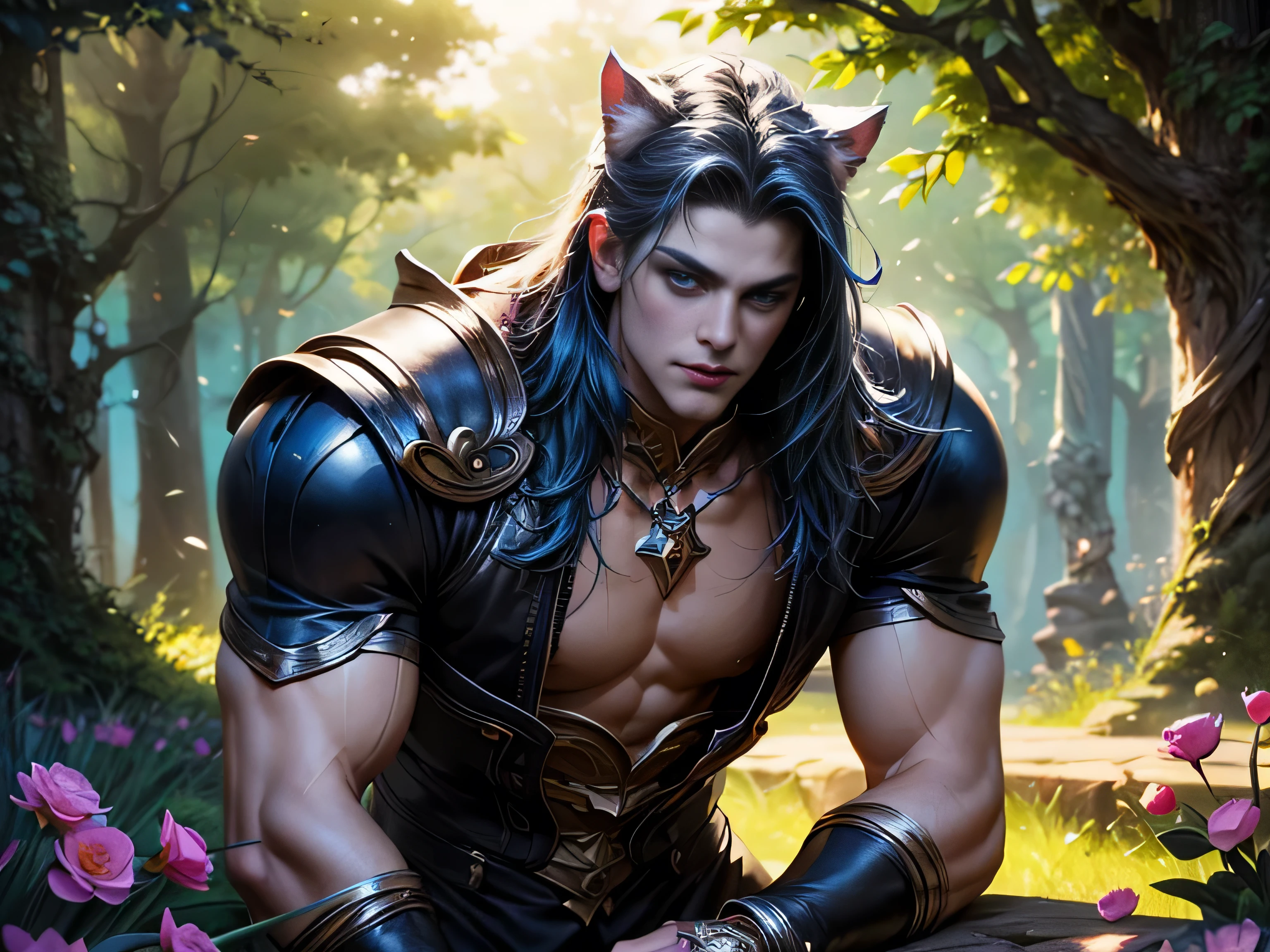 (Best Quality, 8K, Masterpiece, HDR, Soft Lighting, Picture Perfect, Realistic, Vivid), There is a garden with blue and pink flowers, a handsome man with cat ears is lying on the grass, he has beautiful blue eyes and a kind smile, sky hair, he has a naked torso with a perfect body and black leather pants with combat boots, he strokes little cute foxes lying on his chest, male, cute man, blue eyes, cat ears, neko, pumped up body, smile, (ultra high quality fantasy art, majestic fantasy style, masterpiece, ultra high quality male character design, 8k quality anime art, realistic anime art, highest quality wallpaper illustration, detailed ultra high quality accurate male character face, high quality design and accurate physics, male character) (ultra high quality fantasy art, dark fantasy style, masterpiece, ultra high quality character design, 8k quality anime art, realistic anime art, highest quality wallpaper illustration, detailed ultra high quality face precision, high quality design and accurate physics), color difference, depth of field, dramatic shadows, tracing rays, Best quality, Highly detailed computer graphics, 8K wallpapers, [Carefully rendered hair [More about beautiful and shiny hair]] ,(Perfect hand detail [Beautiful fingers without breakage [Beautiful nails]],(Perfect anatomy (Perfect proportions)) [ [Resembles the whole body]],[Perfect color combination (Accurate simulation of the interaction of light and material)], [Visual art that conveys the meaning of the story]