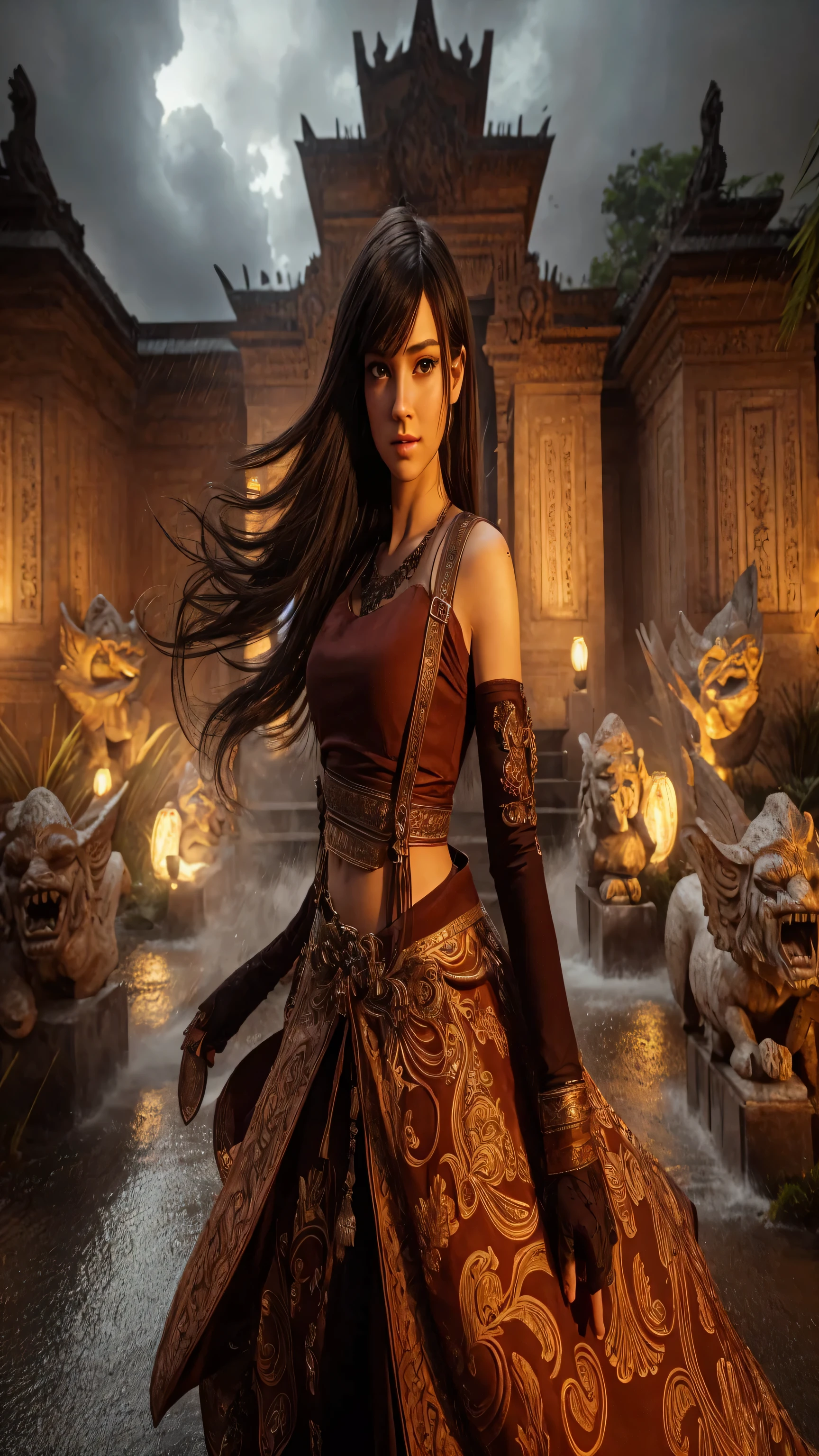 best quality, masterpiece:1.2), ultra high res, realistic, front lighting, intricate detail, Exquisite details and textures, 1girl, solo, face highlight, upper body, detailed face, ponytail, looking at viewer, Mmasterpiece, {extremely detailed CG unity 8k wallpaper}, Amazing, finely detail, solo, detailed background, beautiful detailed eyes, cleavage, bright pupils, {{full body}, }, dynamic pose, looking at viewer, detailed clothes, cinematic lighting, close-up, best quality, Masterpiece quality, best quality, high_quality, high_resolution, masterpiece*portait, whitespace, colorful, 1girl, solo, black_hair, prism hair, realistic eyes, realistic eyes, full_body, realistic hand, realistic finger, good finger, real texture, real image, serious, masterpiece realistic