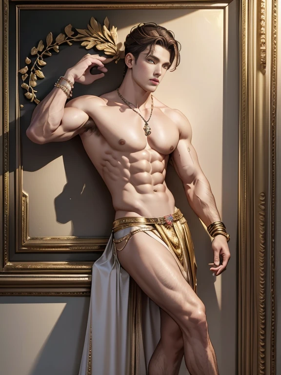 High Art - Portrait of Apollo, god of love and beauty. ! His beauty is incredible . body structure - perfection ! Handsome young man . naked. Exposed vagina . perfect chest muscles and big nipples on the chest . Emerald eyes . blonde hair ,on the neck there is a gold chain with a sparkling pendant and on the hand there is a sparkling bracelet. In the Golden Palace ! A photographic portrait of Apollo at his best ! top quality. Full body, muscular and slim, leaning against the wall, with bracelet and wearing shoes, muscular and slim