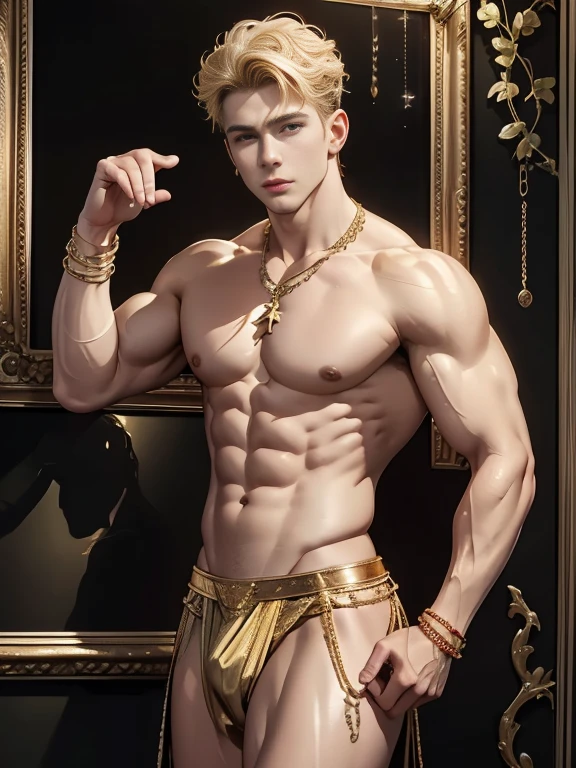 High Art - Portrait of Apollo, god of love and beauty. ! His beauty is incredible . body structure - perfection ! Handsome young man . naked. Exposed vagina . perfect chest muscles and big nipples on the chest . Emerald eyes . blonde hair ,on the neck there is a gold chain with a sparkling pendant and on the hand there is a sparkling bracelet. In the Golden Palace ! A photographic portrait of Apollo at his best ! top quality. Full body, muscular and slim, leaning against the wall, with bracelet and wearing shoes, muscular and slim