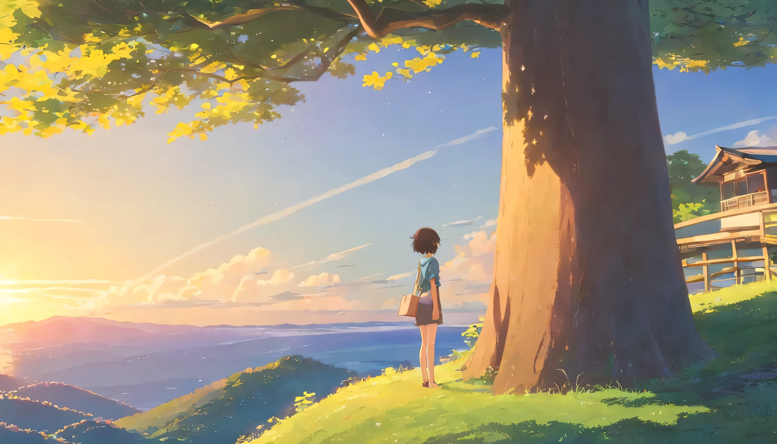 Girl leaning against a big tree，At the top of the mountain，You can see a Japanese house at the foot of the mountain.，The evening wind blows the girl away&#39;hair，Girl staring into the distance，Warm style，good，Natural Beauty，evening，Xin Haichen Style，high quality，16k，High resolution，Detailed Description