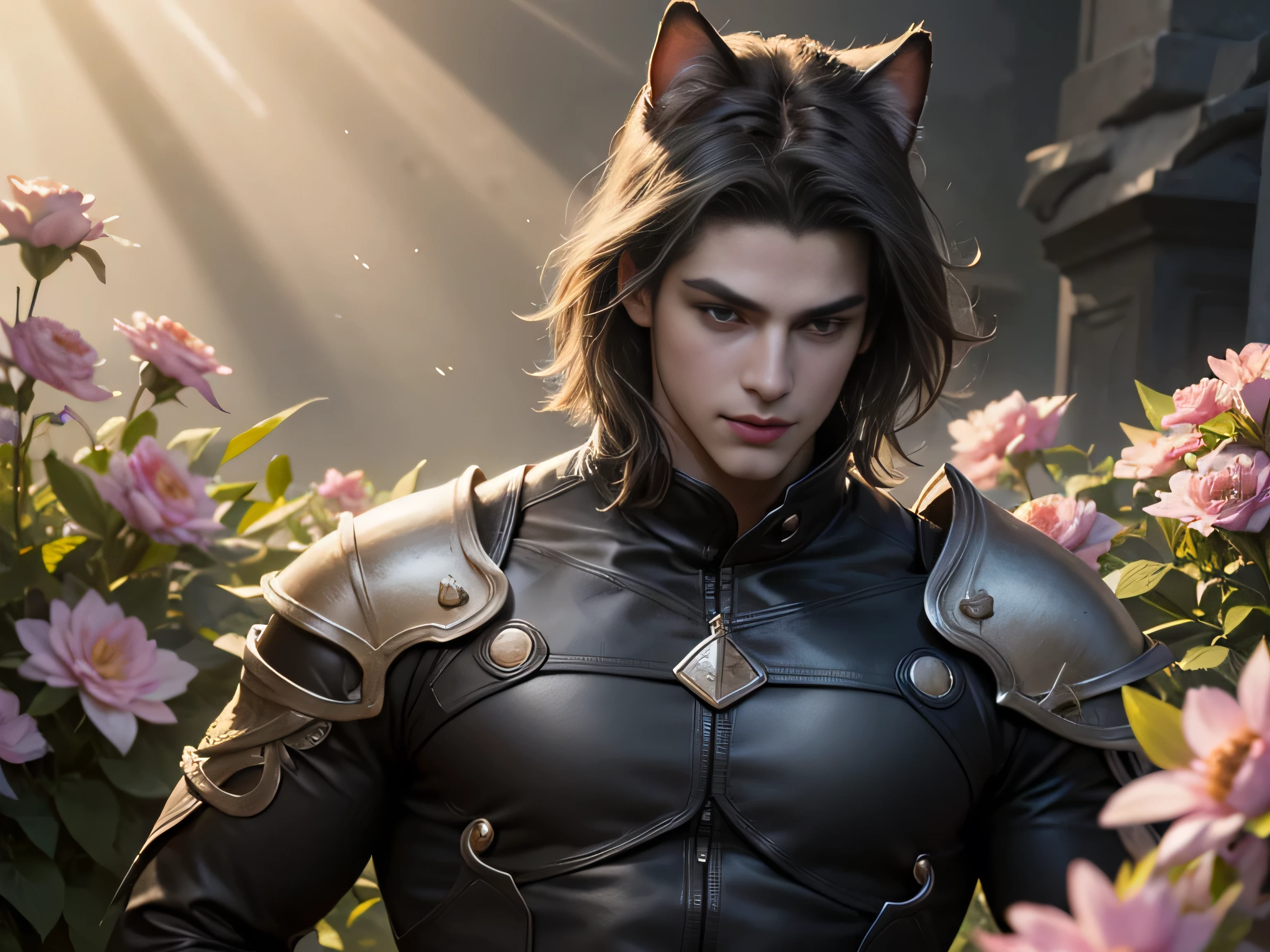 (Best Quality, 8K, Masterpiece, HDR, Soft Lighting, Picture Perfect, Realistic, Vivid), There is a garden with blue and pink flowers, a handsome man with cat ears is lying on the grass, he has beautiful gray eyes and a kind smile, black hair, he has a naked torso with a perfect body and black leather pants with combat boots, he strokes little cute foxes lying on his chest, male, cute man, blue eyes, cat ears, neko, pumped up body, smile, (ultra high quality fantasy art, majestic fantasy style, masterpiece, ultra high quality male character design, 8k quality anime art, realistic anime art, highest quality wallpaper illustration, detailed ultra high quality accurate male character face, high quality design and accurate physics, male character) (ultra high quality fantasy art, dark fantasy style, masterpiece, ultra high quality character design, 8k quality anime art, realistic anime art, highest quality wallpaper illustration, detailed ultra high quality face precision, high quality design and accurate physics), color difference, depth of field, dramatic shadows, tracing rays, Best quality, Highly detailed computer graphics, 8K wallpapers, [Carefully rendered hair [More about beautiful and shiny hair]] ,(Perfect hand detail [Beautiful fingers without breakage [Beautiful nails]],(Perfect anatomy (Perfect proportions)) [ [Resembles the whole body]],[Perfect color combination (Accurate simulation of the interaction of light and material)], [Visual art that conveys the meaning of the story]