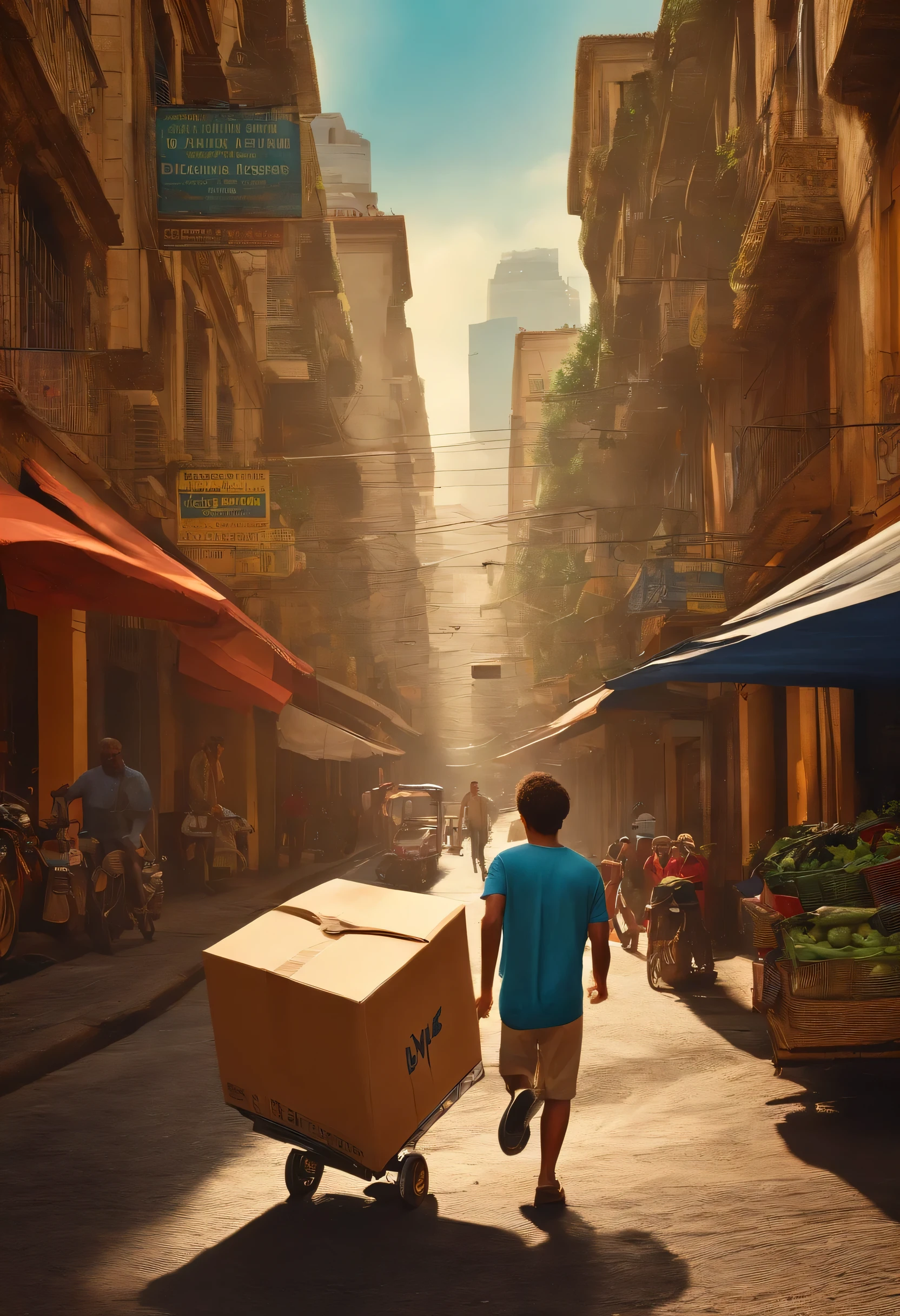 estilo filmes Pixar, Com nome "CJS Moto Web |", poster, With credits featuring a young man running disheveled to deliver Mercado Libre boxes, On a busy street in Sao Paulo