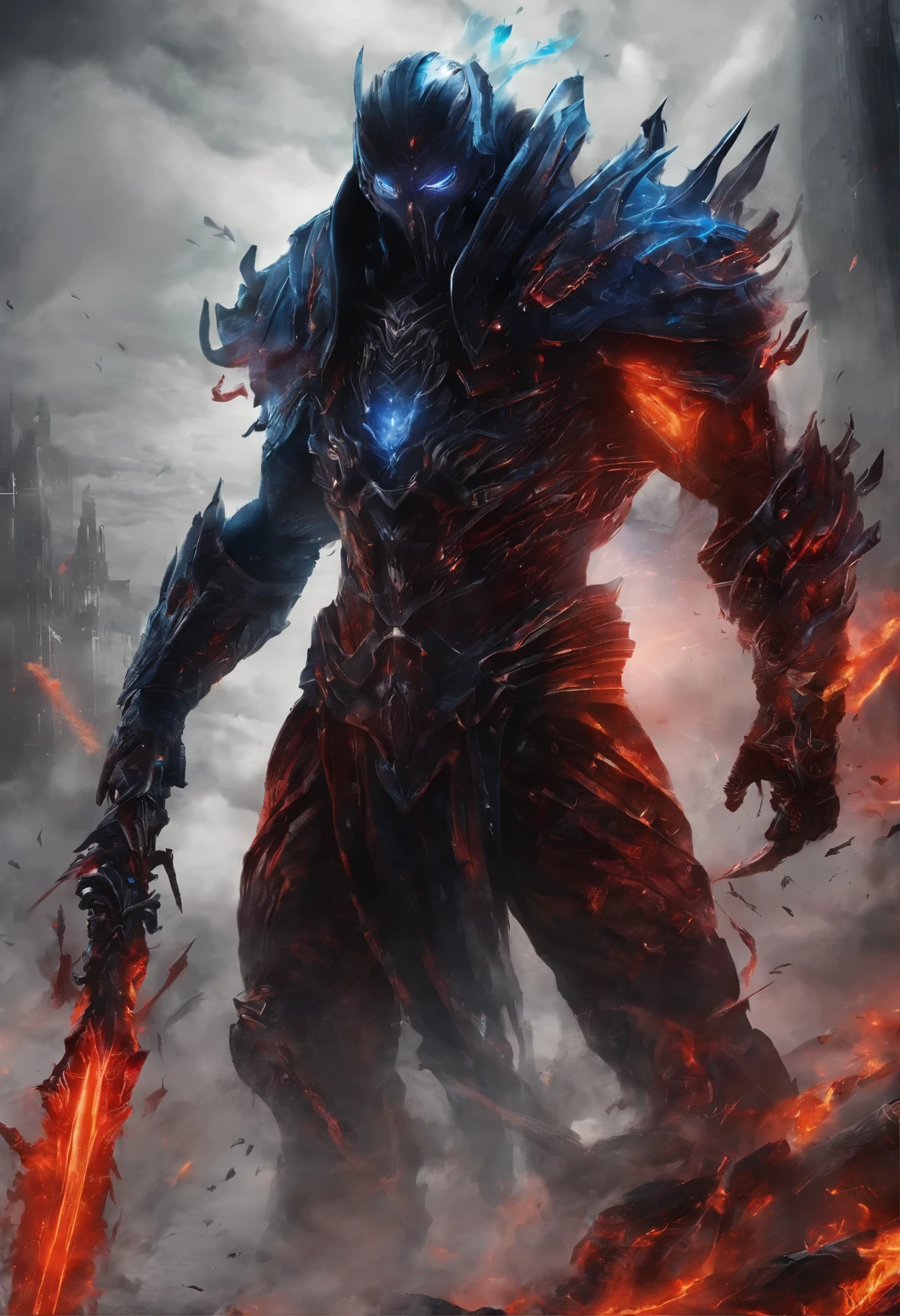 Hombre grande,marcas y simbolos por el cuerpo,pelo largo y lanco,capucha roja,Espada gigante de almas en pena,oscuro,almas,guantes demoniacos,armadura masiba,armadura de almas en pena,demonio, Fuego, caballo infernal de fuego y lava,ojos rojos,ojos azules brillante, infierno, apocalyptic,fin del mundo, Lado oscuro,ruina, guerra, Darksiders , ERA (Darksiders), obra dearte,guerrero,enviado del infierno,Horseman of the Apocalypse,muerte,sangre,destruccion,hambre,lucha,furia,ciudad debastada,edificios en ruinas,calles destruidas,pobo y particulas en el aire,muchas victimas alrededor,demonios muertos,demonios descuarisados y sangrando,espada clabada,espada enterrada,espada con sangre,mirada aterradora,misterio