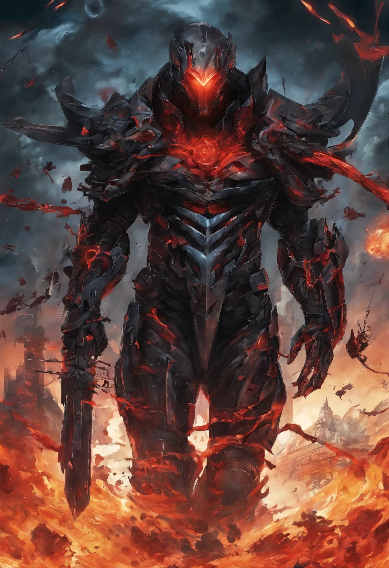 Hombre grande,marcas y simbolos por el cuerpo,pelo largo y  lanco,capucha roja,Espada gigante de almas en pena,oscuro,almas,guantes demoniacos,armadura masiba,armadura de almas en pena,demonio, Fuego, caballo infernal de fuego y lava,ojos rojos,ojos azules brillante, infierno, apocalyptic,fin del mundo, Lado oscuro,ruina, guerra, Darksiders , ERA (Darksiders), obra dearte,guerrero,enviado del infierno,Horseman of the Apocalypse,muerte,sangre,destruccion,hambre,lucha,furia,ciudad debastada,edificios en ruinas,calles destruidas,pobo y particulas en el aire,muchas victimas alrededor,demonios muertos,demonios descuarisados y sangrando,espada clabada,espada enterrada,espada con sangre,mirada aterradora,misterio