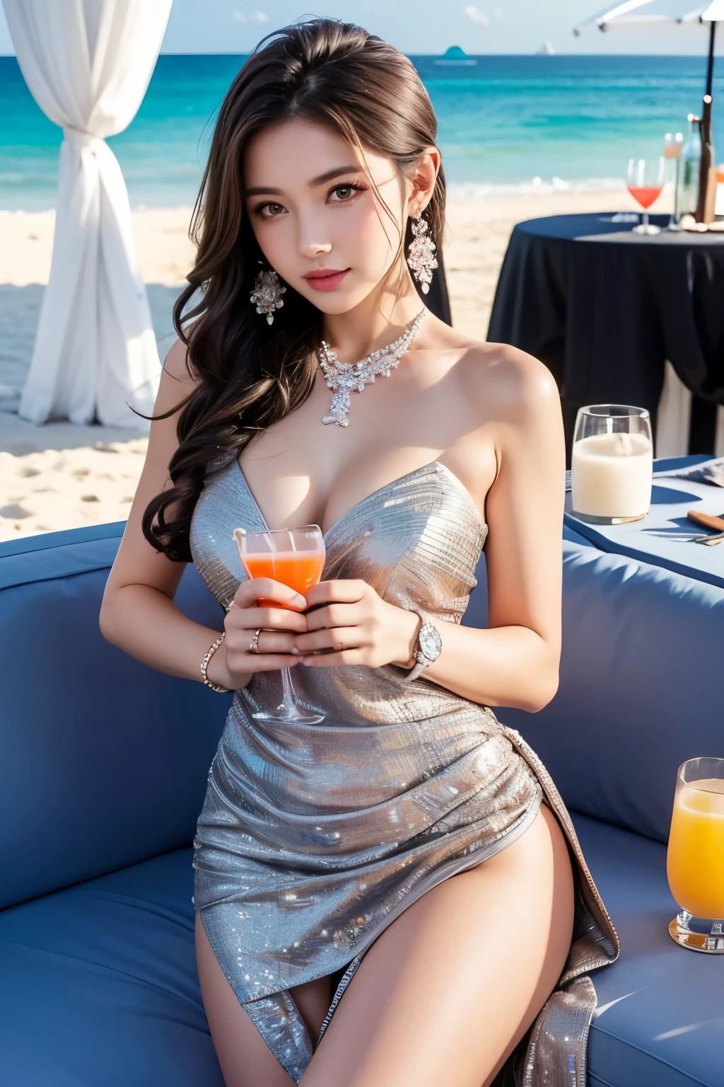 Beautiful woman wearing a neat dress with diamonds at a beach club, Magazines, Wrist watches, Modest attire, cocktail, fruit juice, 9pm,