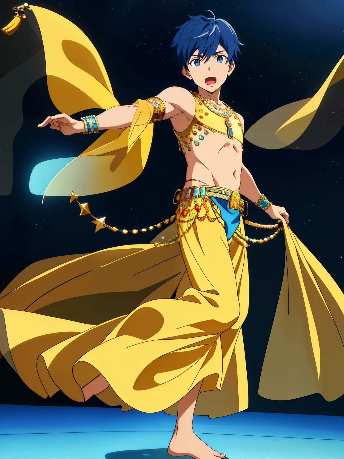 Highres, Masterpiece, Best quality at best,Best Quality,hight quality, hight detailed, 1boy, Boy, Solo, brown hair, Earring, Shota, Transparent veil covering the mouth, Transparent veil covering the waist, Gold necklace, Navel piercing, Gloves, 3gypt1anb3llyD, barefoot, midriff, dancer, (Green), Belly dancer, night day, Shirtless, Topless, Bare chest, Slim body, smile, sweat, Simple beckground, Seen from the front, Look at viewer, Upper body, Depth of field, (Showing armpit:1.3), Seen from front, (very small and short stature), (very young boy), 12-year-old boys, Blurry beckground