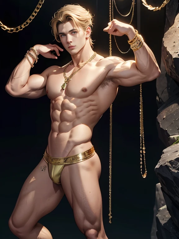 High Art - Portrait of Apollo, god of love and beauty. ! His beauty is incredible . body structure - perfection ! Handsome young man . naked. Exposed vagina . perfect chest muscles and big nipples on the chest . Emerald eyes . blonde hair ,on the neck there is a gold chain with a sparkling pendant and on the hand there is a sparkling bracelet. In a farm ! A photographic portrait of Apollo at his best ! top quality. Full body, muscular and slim, leaning against the rock, with bracelet and wearing shoes, muscular and slim