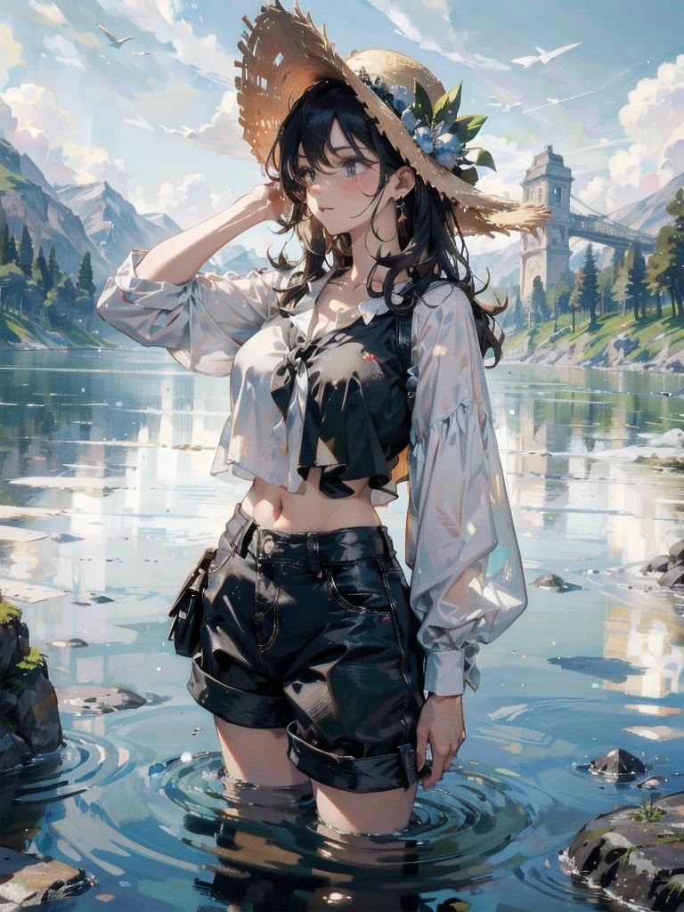 absurdres, RAW photo, extremely delicate and beautiful, masterpiece, Best Quality, ultra high resolution, 32k, hyperrealistic, ultra-detailed, perfect figure, tearful mole, earring, whole body shot, short medium hair, wavy hair, big breast, casual, blouse, white shirt, buttoned shirt, bare shoulders, collarbone, midriff, navel, shorts, straw hat, 