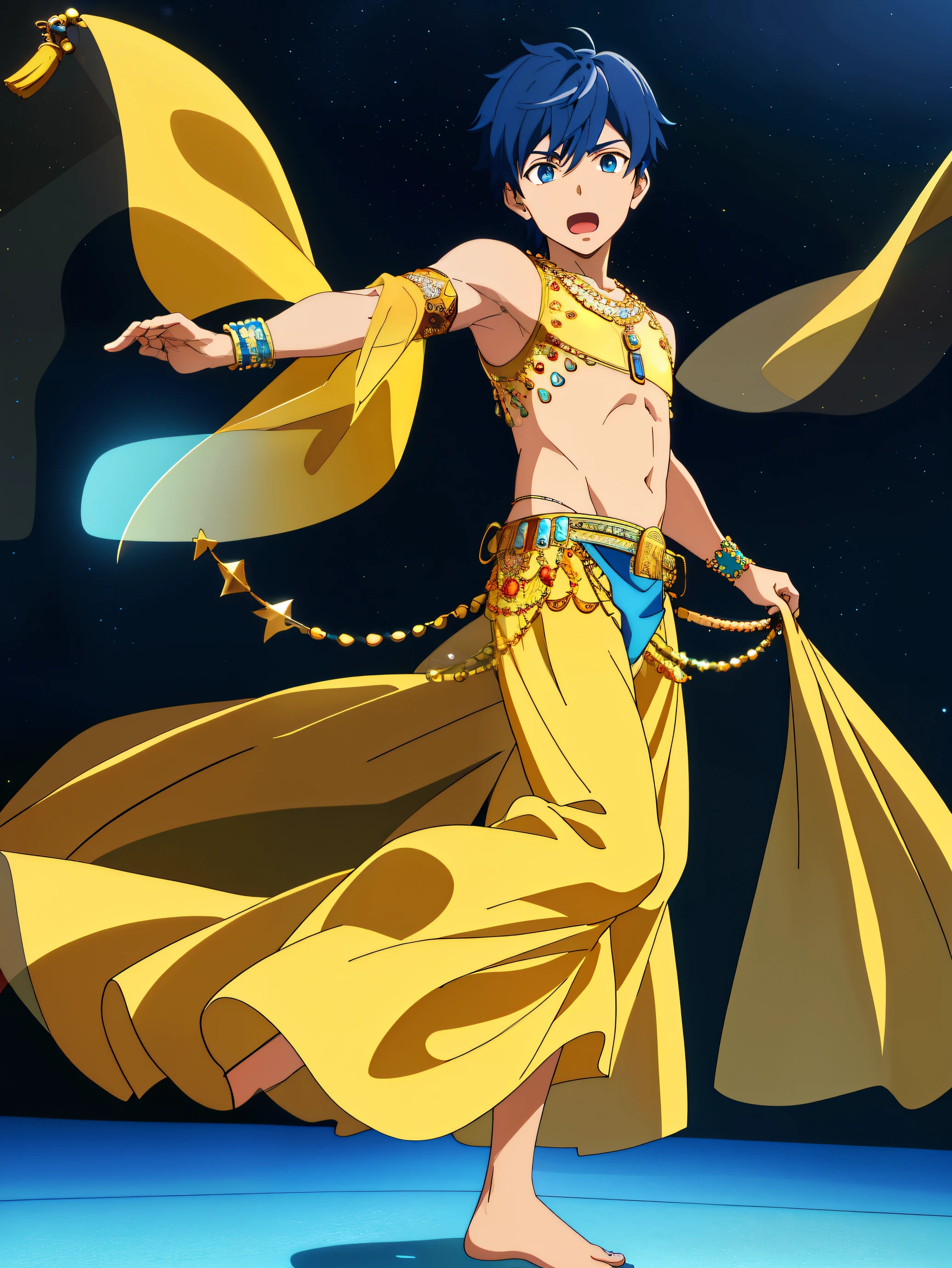 Highres, Masterpiece, Best quality at best,High-quality illustrations, 1boy, Boy, Shota, solo person, 3gypt1anb3llyD, barefoot, midriff, dancer, (Blue) belly dancer, Belly dancer, night day, Seen from front, Anime screencap style, depth field, Uhd