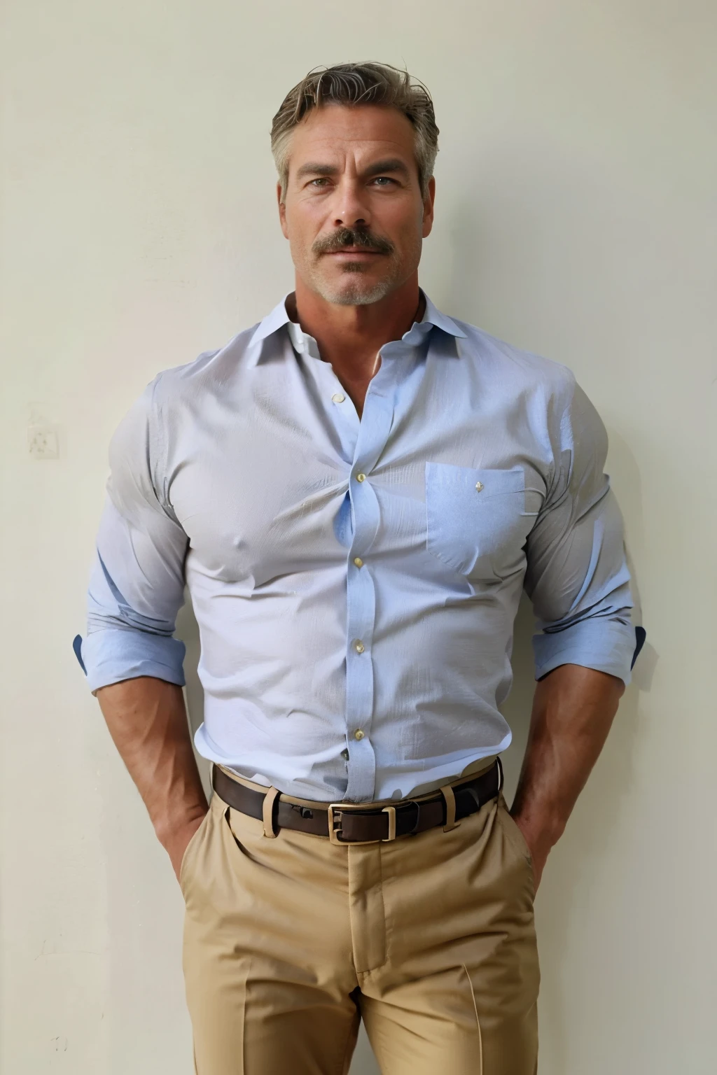 age 60, white man police detective with a mature, backside, kind demeanor, strong and muscular yet chubby build, mustache, wearing dress pants and a buttoned-open translucent shirt that reveals a hairy chest and a noticeable bulge, wearing detective badge on belt, giving off a hint of a horny yet disgusting aura, completing the look with comfortable loafers. gold trouser