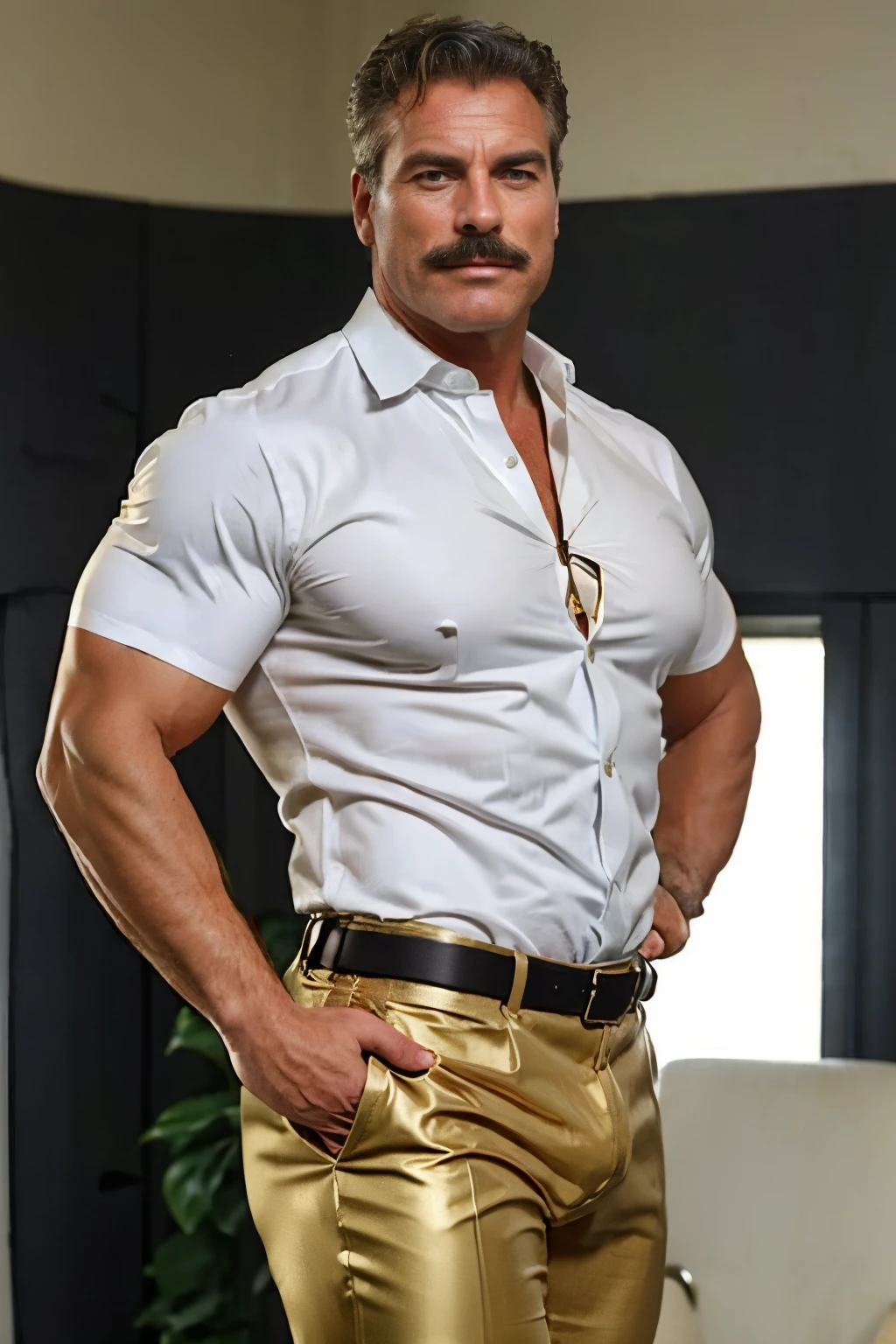 age 60, white man police detective with a mature, backside, kind demeanor, strong and muscular yet chubby build, mustache, wearing dress pants and a buttoned-open translucent shirt that reveals a hairy chest and a noticeable bulge, wearing detective badge on belt, giving off a hint of a horny yet disgusting aura, completing the look with comfortable loafers. gold trouser, big bulge