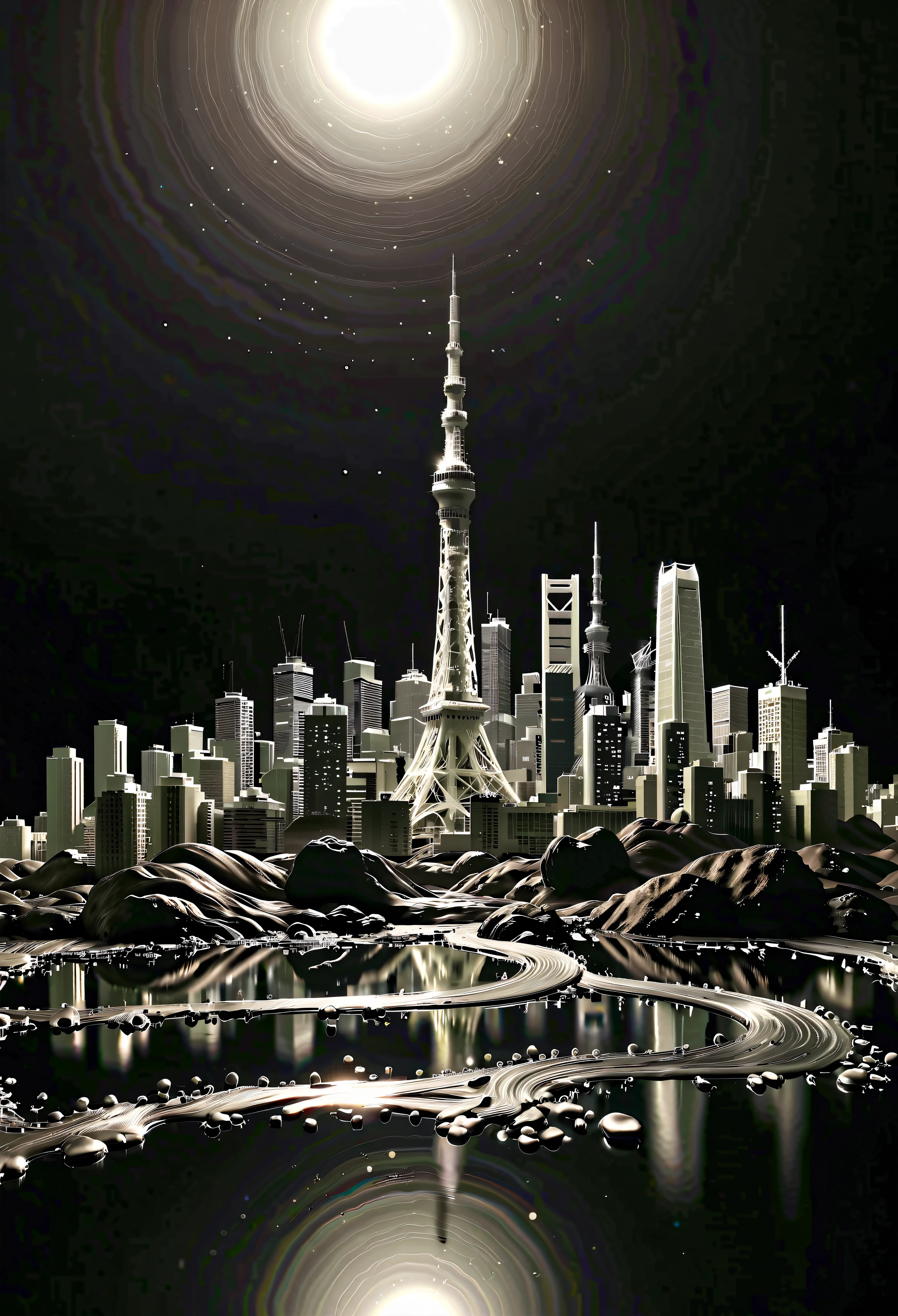 (Masterpiece in maximum 16K resolution:1.6),((liquid_metal_art):1.3),((Tokyo_liquid_metal_art):1.5) ((darkest_insane_silhouette_illustration):1.2),(intricate detail:1.4), (extremely insane detail:1.4),(highest quality:1.3),(Hyper_realistic:1.3). | Liquid metal art, (Tokyo City), subtle details, Japanese art style background, soft lighting, captivating composition, Tokyo silhouette, artistic interpretation. | ((silhoutte_of_Tokyo_City__in_liquid_metal_art):1.5), Japanese art decorations, dark decorations, each art detailed and rendered with a masterful gouache technique, silhoutte art behance,surreal, It gives an exotic aura. | ((perfect_composition, perfect_design, perfect_layout, perfect_detail, ultra_detailed)), ((enhance_all, fix_everything)), More Detail, Enhance.