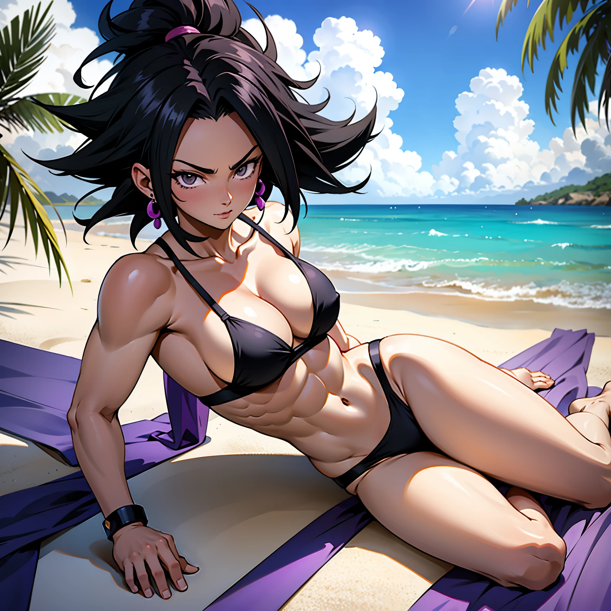 Anime Woman (Caulifla), black eyes, black hair, in swimsuit, purple bikini, serious look, on an island beach, sunny day, girl lying, on the beach, very muscular . character designs